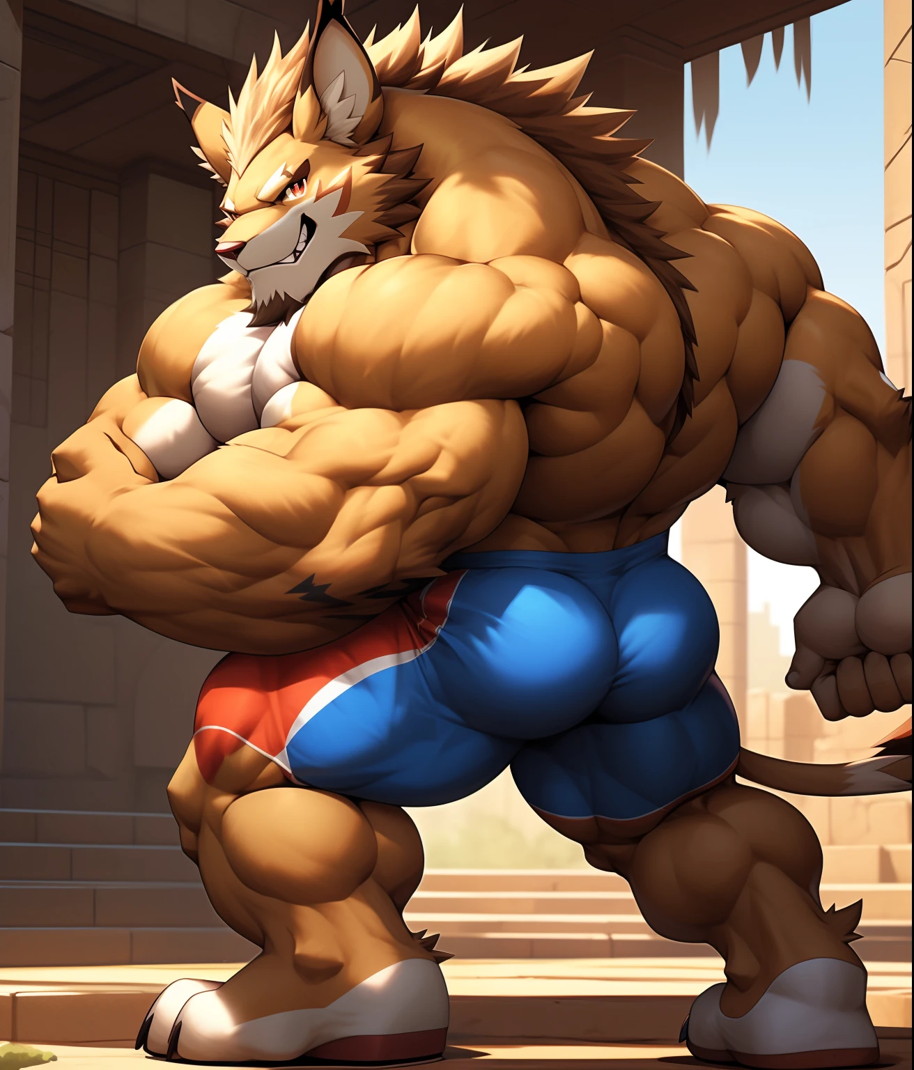 nj5furry, (((BACK))), (((BACK))), (((BACK:1.2))), (((BACK))), (Leomon, massive, huge, young face, , bodybuilders body), Leomon, ((extremely realistic shadows, masterpiece, extremely detailed, photorealistic)), kemono, young, teen16 years)), firm back, massive back, round butt, firm and shapely buttocks, back, broad shoulders, standing on your back, firm buttocks, round buttocks, shapely buttocks, massive and very muscular back, (((BROWN FUR))) Leomon, ((detailed face)) red nose, red eyes, ((detailed eyes)), smile, mischievous smile, mischievous expression, white teeth, mouth slightly open, red tongue, brown skin, brown fur, brown hair, sexy, height 3 meters high, the optimal height, tight clothing, body full of muscles; muscle bulge pecs, bulge in the crotch, massive ripped abs, V-shaped body, thick waist, long legs, strong arms manly, handsome face, attractive cool calm face type with a cold smile, bodybuilder body, topless. Ruins of a Jedi temple behind him; bulge in the crotch, wears a tiny tight Men's Classic Physique Trunks that reveals huge, muscular thighs, bulge biceps, looking at viewer.