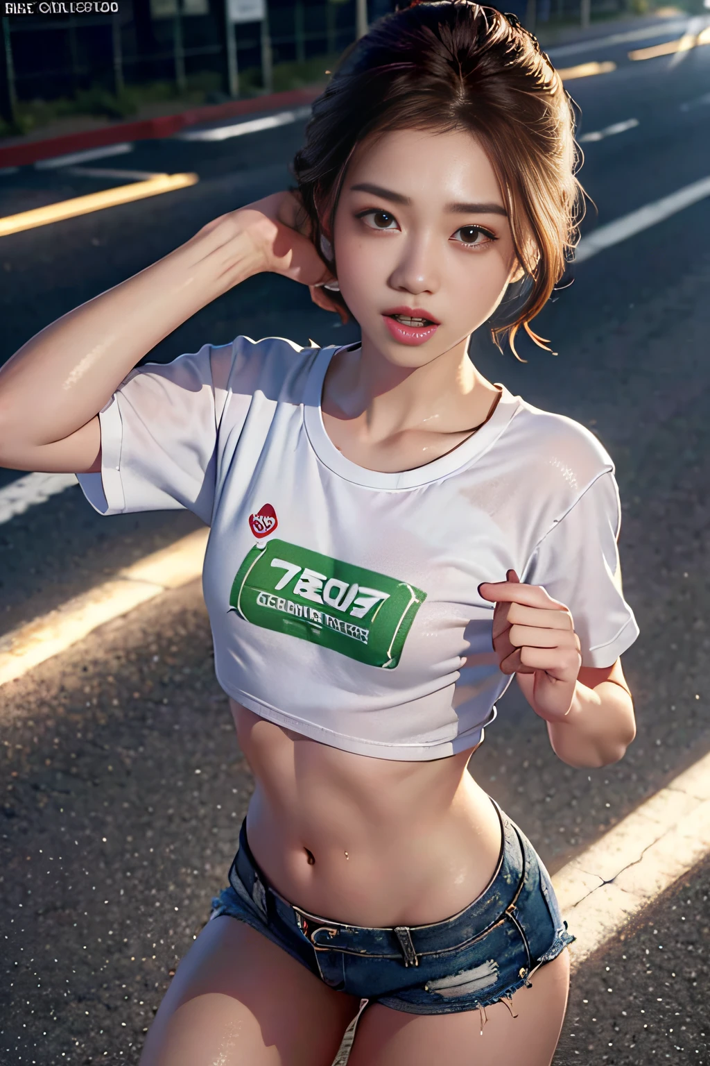 small_breast,Premium quality,8K masterpiece,high resolution,,Raw photo,18 year old Eastern European female,eu,Redhead,brunette,Symmetrical hairstyle,glowing skin,Super beauty,( (Super realistic details)), shadow, in 8K, Very intricate details, Realistic light, CGSoation Trends, beautiful eyes, scared eyes, open mouth, scared face, Neon details, High quality background image shot,Full body representation,,Symmetrical hairstyle with movement,(Skin shiny with sweat: 1.1),Torn short T-shirt, torn short shorts, road, devastated city background, running,running,road,a smile,biologically correct,Several zombies behind her