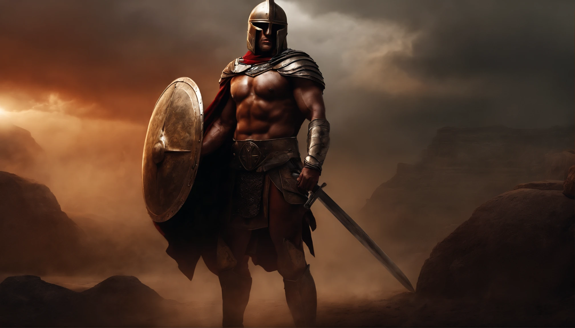 spartan warrior, dying, bloody armor, on battlefield, on his knees, epic, 8k, ultra-detailed, realistic, portraits, dark, fiery light, intense shadows, powerful physique, battle scars, determined expression, historical, ancient Greece, war, battlefield smoke, blood-soaked ground, ancient ruins, iconic red cape, steel helmet, tarnished spear, raised sword, heroic stance, dusty atmosphere, epic proportions, dramatic composition, dynamic pose, muscular physique, courageous, brave, valor, fallen comrades, Spartan shield, war cries, battle cries, war-torn surroundings, triumph over adversity, gritty aesthetic, battle-worn, fierce, legendary warrior