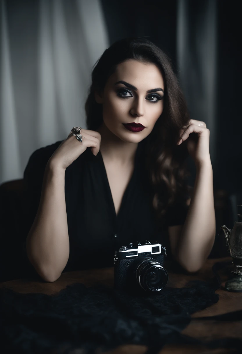 Portrait of a Gothic fashion designer,em seu estudio ,foto selfie,instagram polaoid