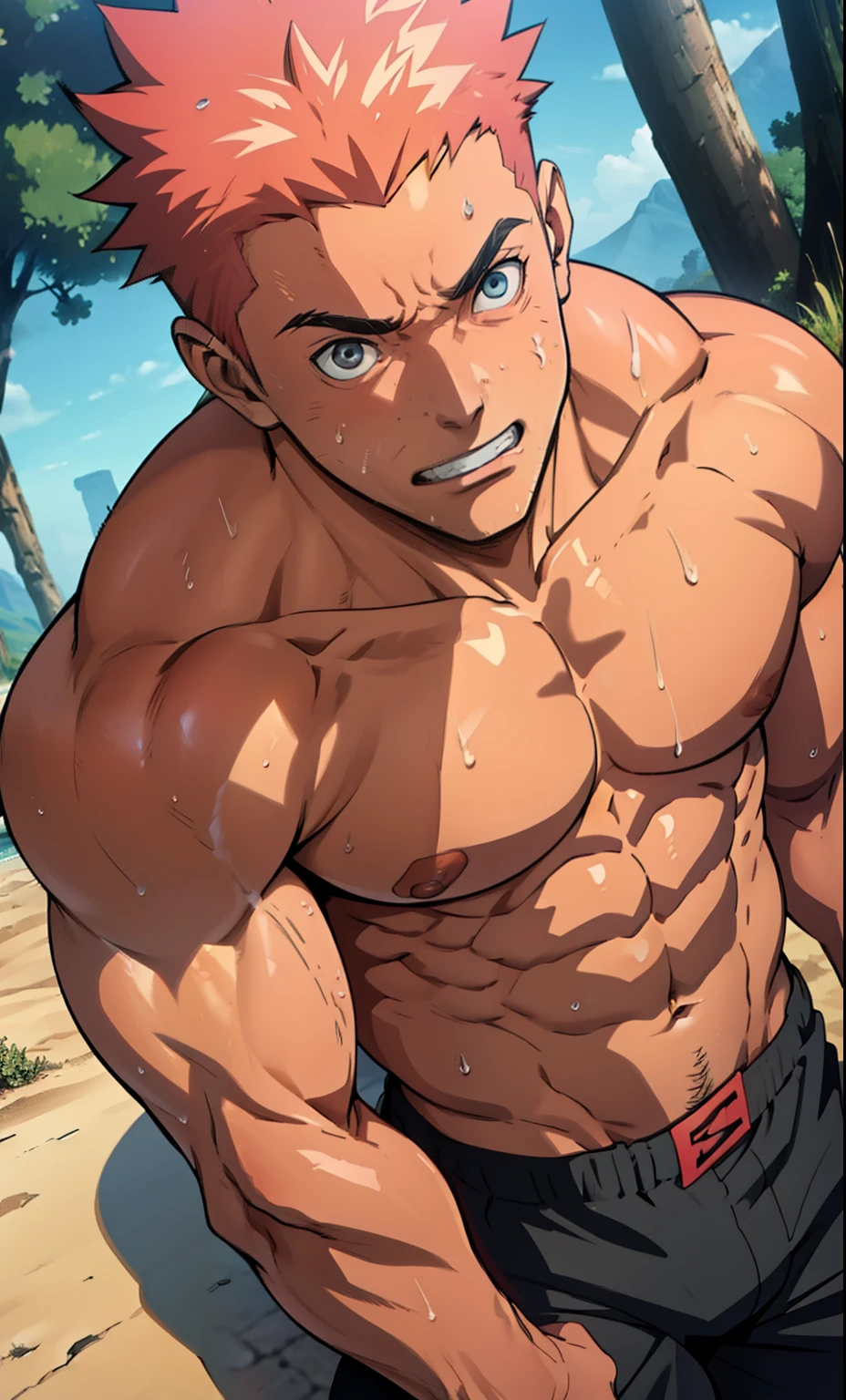 (photo angle from bottom up)[Picture anime][highest quality photo][ 4k,HD photo quality] (close-up ) huge muscular thigh muscles, wear tight triangle briefs small, huge thigh muscles ,muscular thigh muscles, muscular thigh muscles, giant thigh muscles, sinewy thigh muscles,Uzumaki Naruto, lots of sweat flowing down, topless, shirtless, sunny, shiny skin,rosy skin,pink skin, red skin, bodybuilder, 8-pack abs, giant, muscular chest muscles, giant muscular, sinewy biceps, cute baby face , two arms behind the back