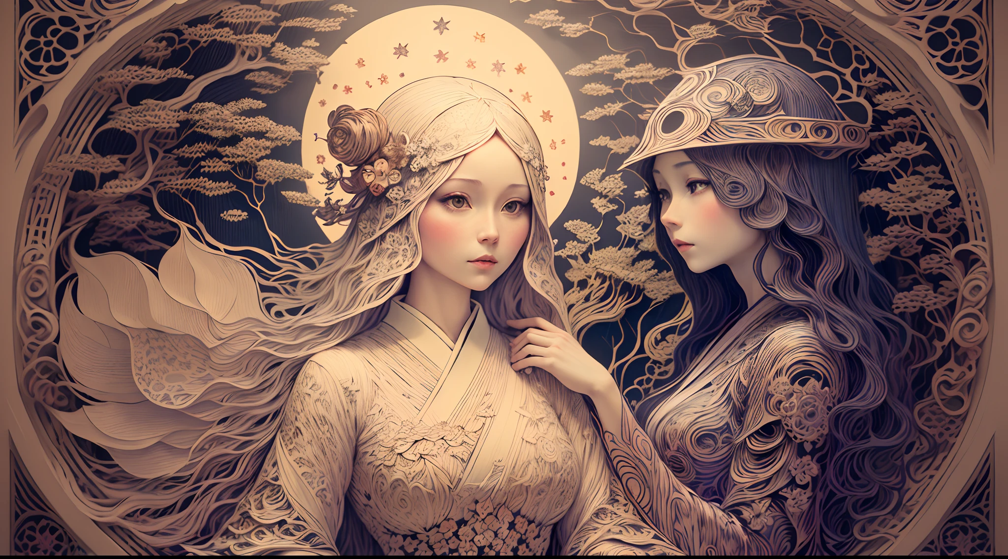 (Mucha's girls,paper-cut,solo,girl made up of paper art:1.45),Van Gogh's starry sky,Katsushika Hokusai's ukiyo-e sea,The artistic style of Paper Cuttings and origami,paper sculpture