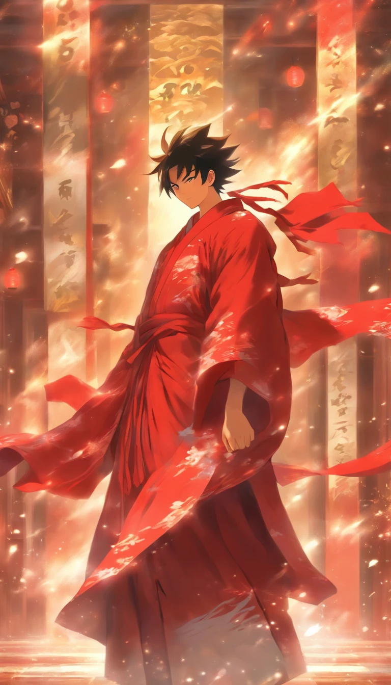 /imagine prompt: A young man wearing a red robe stands in front of the main hall of the Red Robe Sect, with a helpless and bitter smile on his face. A red flag hangs above the hall, surrounded by a serene and mysterious atmosphere, ,32k, best quality, masterpiece, super detail, high details, by Makoto Shinkai ,in the style of the stars art group xing xing, --niji 5"