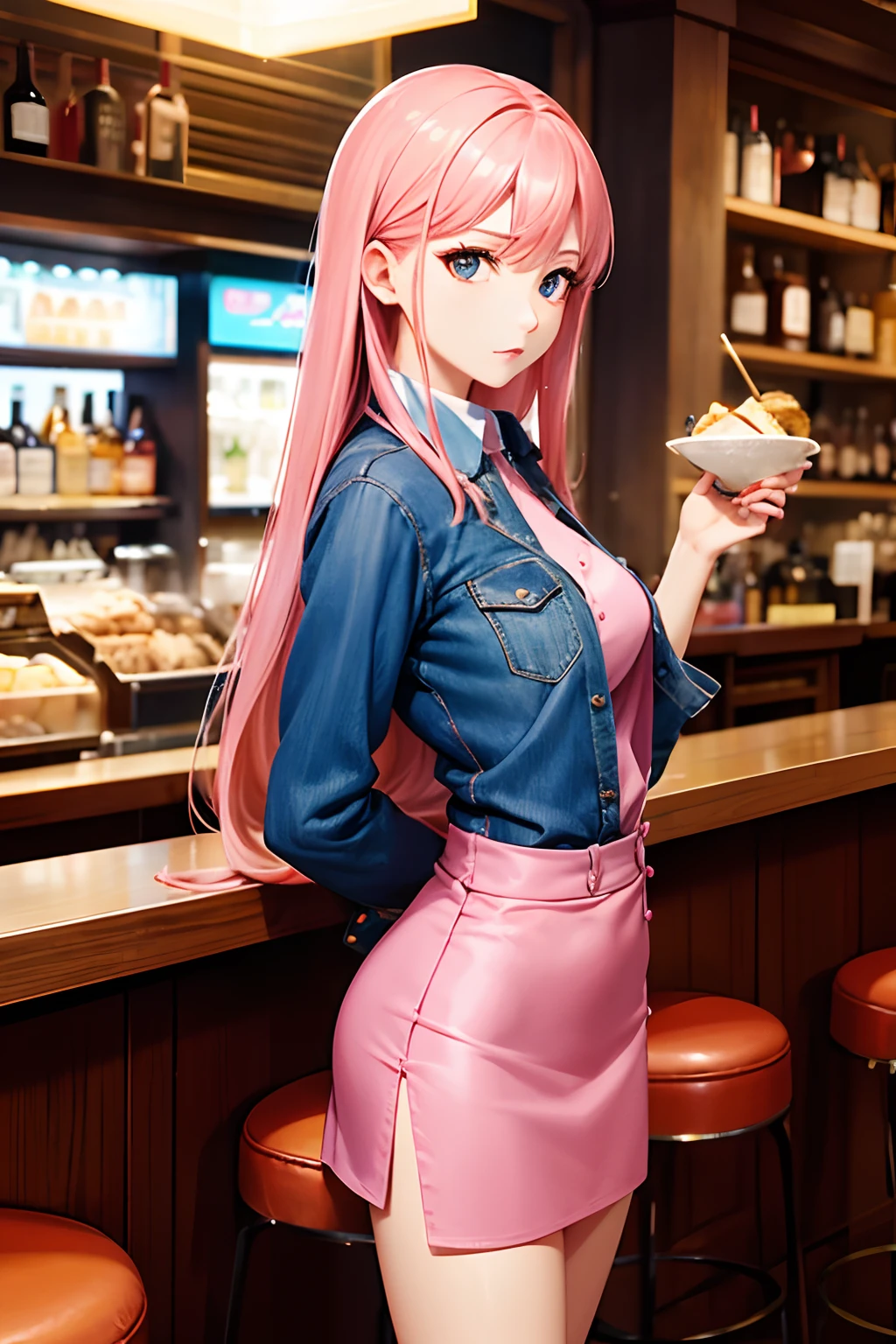 Snack Woman、Woman working in bar、well-styled、ren、Beautiful fece、sexy dress、、Skin Jean Miniskirt, Long pink hair, Looking at the viewer, Front view,