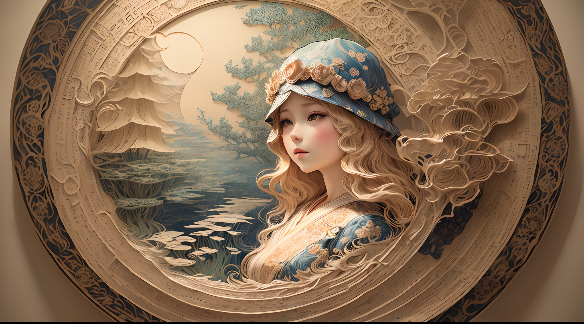 (Mucha's girls,paper-cut,solo,girl made up of paper art:1.45),Van Gogh's starry sky,Katsushika Hokusai's ukiyo-e sea,The artistic style of Paper Cuttings and origami,paper sculpture