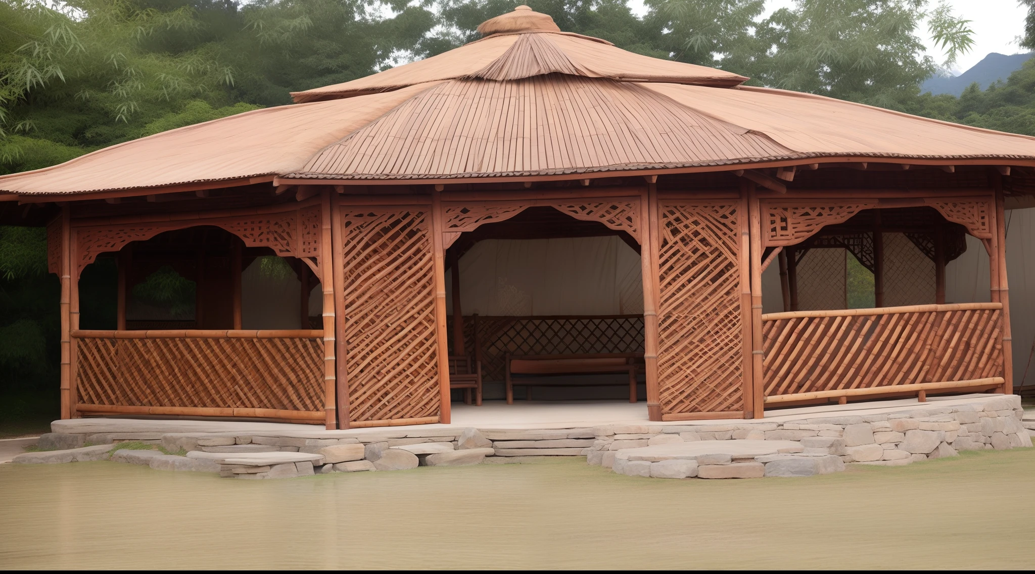 there is a wooden gazebo with a bench in the middle of it, bamboo huts, gazebos, huts, pavilion, wooden structures, wonderful masterpiece, rustic, peaceful environment, very beautiful enga style, very beautiful masterpiece, traditional art, wooden cottage, tribal yurta, facebook post, beautiful image, front side, well shaded, beautiful design, wooden house