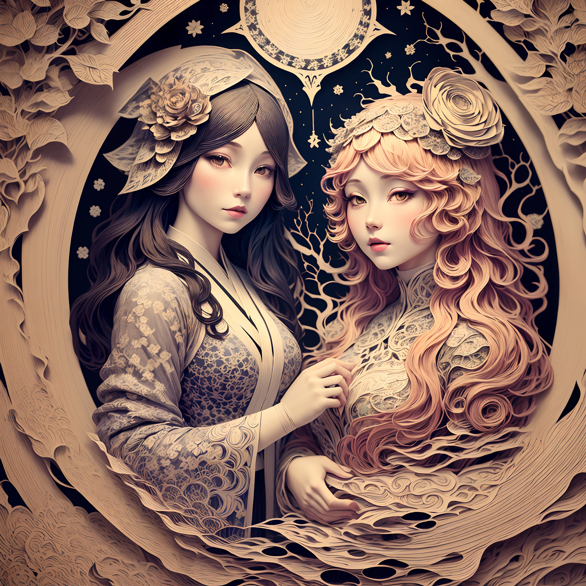 (Mucha's girls,paper-cut,solo,girl made up of paper art:1.45),Van Gogh's starry sky,Katsushika Hokusai's ukiyo-e sea,The artistic style of Paper Cuttings and origami,paper sculpture
