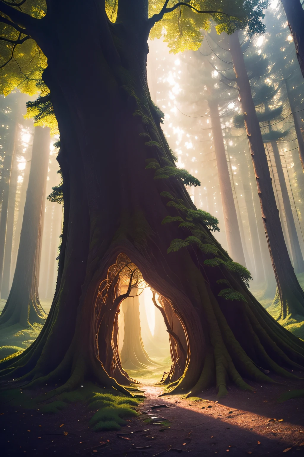 Scene of the magic tree in the forest illuminated by a soft light.