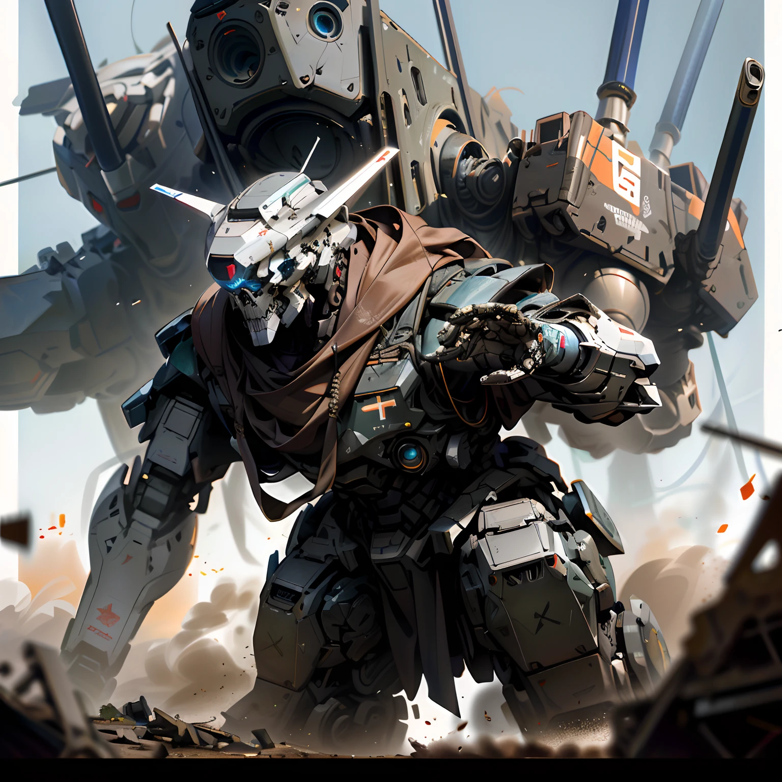 There is a robot that is standing in front of a giant robot, Wojtek FUS, Estilo Craig Mullins, Craig Mullins Greg Rutkowski, alexandre ferra mecha, Soldados e Mech lutam, Craig Mullins Nekro, inspirado em Craig Mullins, Directed by: Craig Mullins, Arte Mecha, mecha asthetic, arte conceitual digital de alta qualidade, skull, rosto e capuz.