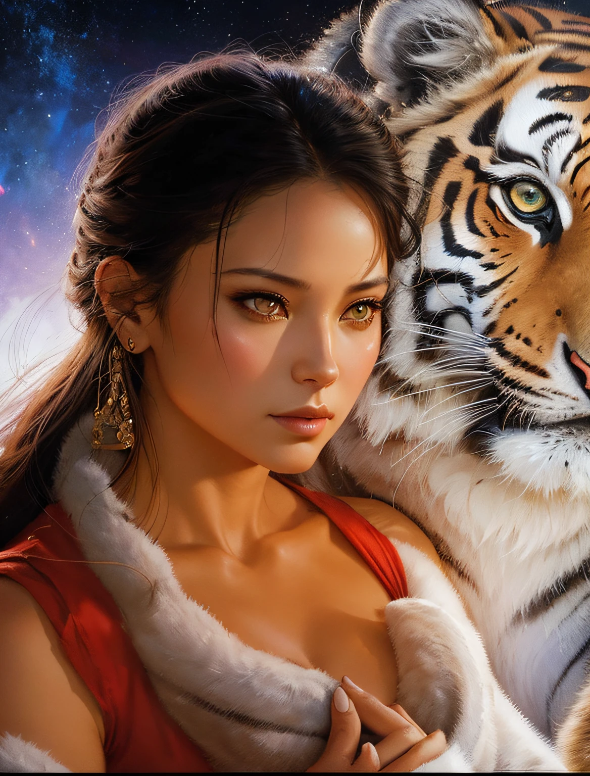 There is a woman holding a tiger man in her arms, Graphic artist Magali Villeneuve, Magali Villeneuve», inspirado em Magali Villeneuve, arte de fantasia hiperrealista, airbrush digital oil painting, Artgerm e Ruan Jia, pintura de fantasia realista, Amano e Karol Bak, arte de fantasia digital ), Ruan Jia e Artgerm