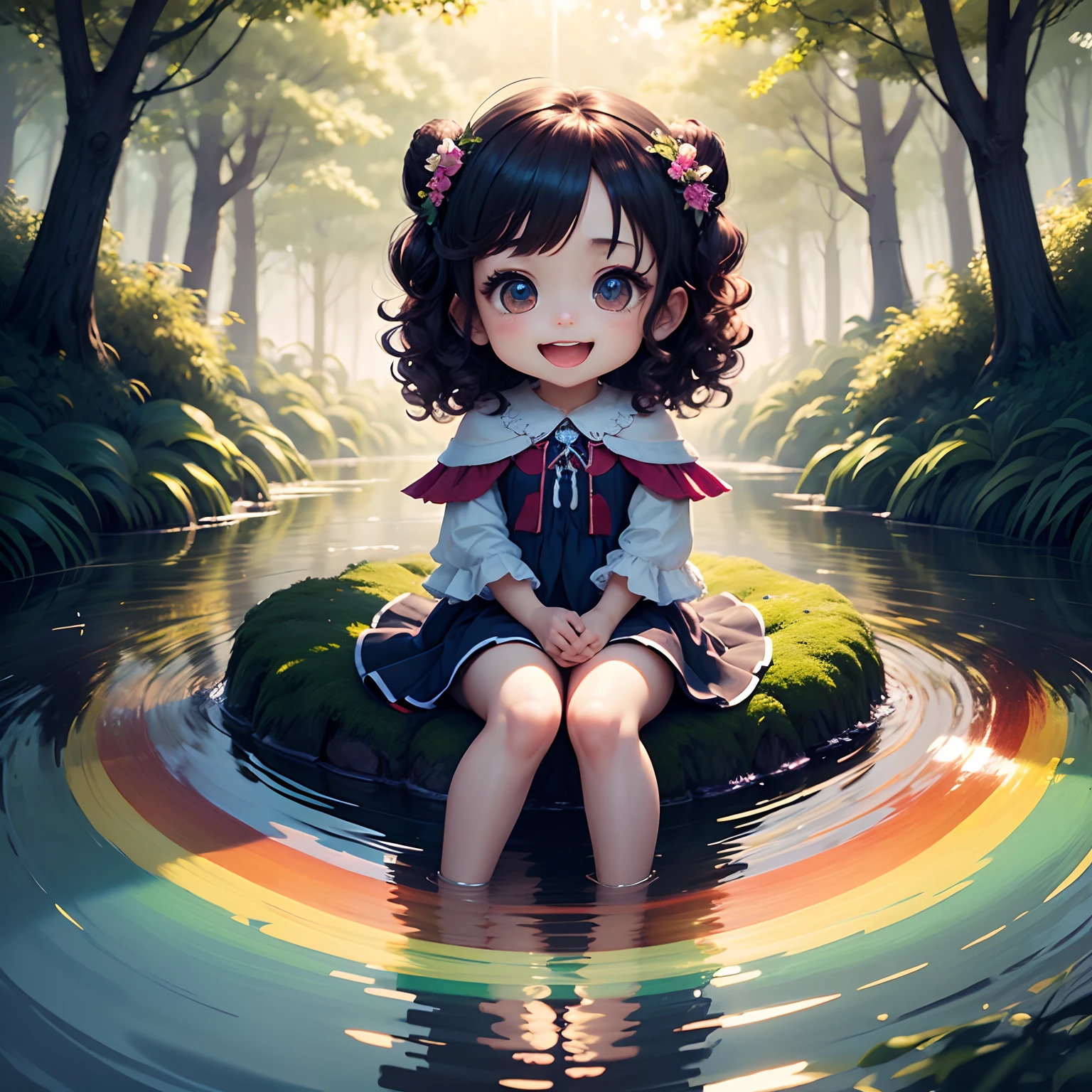 ​masterpiece、top-quality、ultra-detailliert、Fairy Daughter、(Chibi Chara:1.1)、wraith、Curly hair、Open your mouth and smile、lake in the middle of a forest、Sit on the scallop、Rainbow Light、the morning sun、rainbows