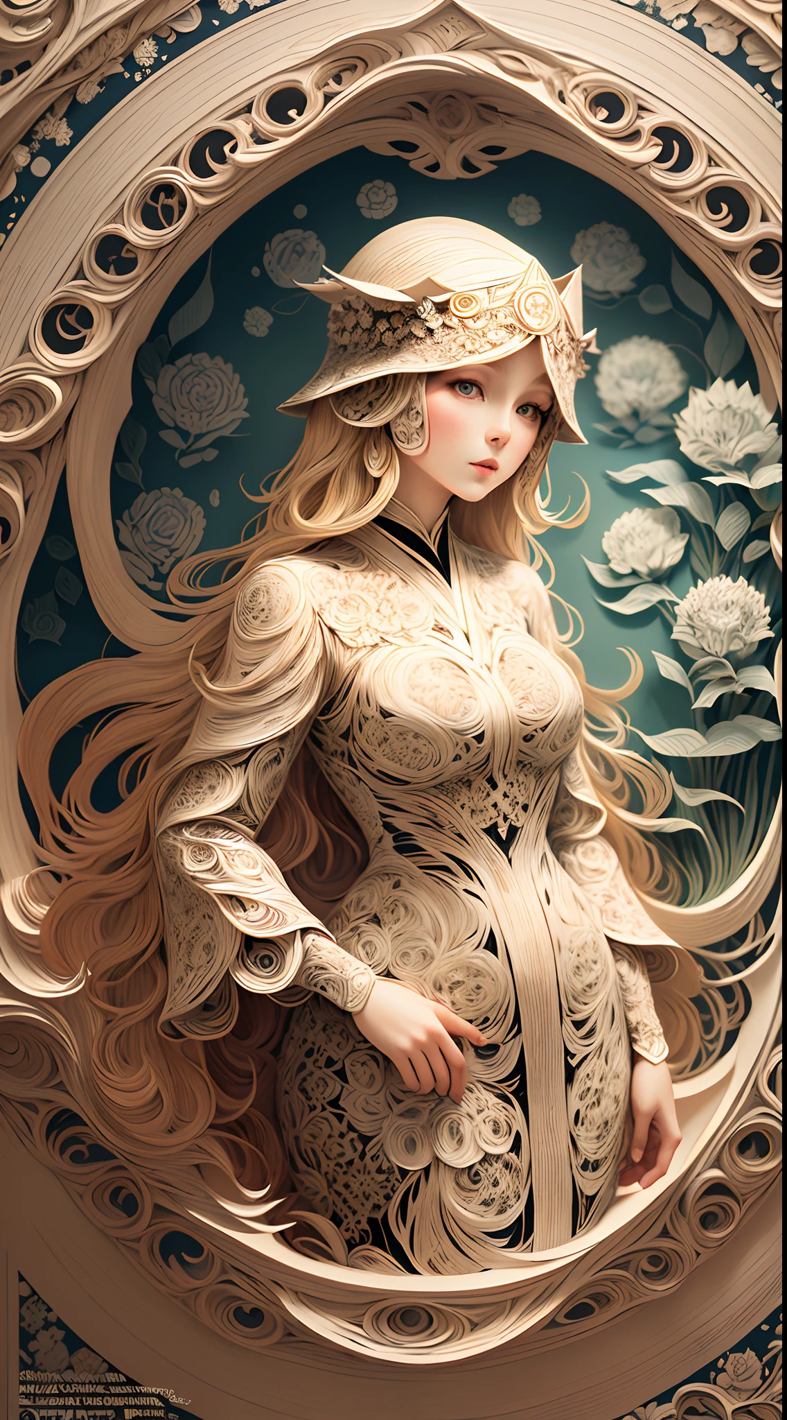 (Mucha's girls,paper-cut,solo,girl made up of paper art:1.45),Van Gogh's starry sky,Katsushika Hokusai's ukiyo-e sea,The artistic style of Paper Cuttings and origami,paper sculpture