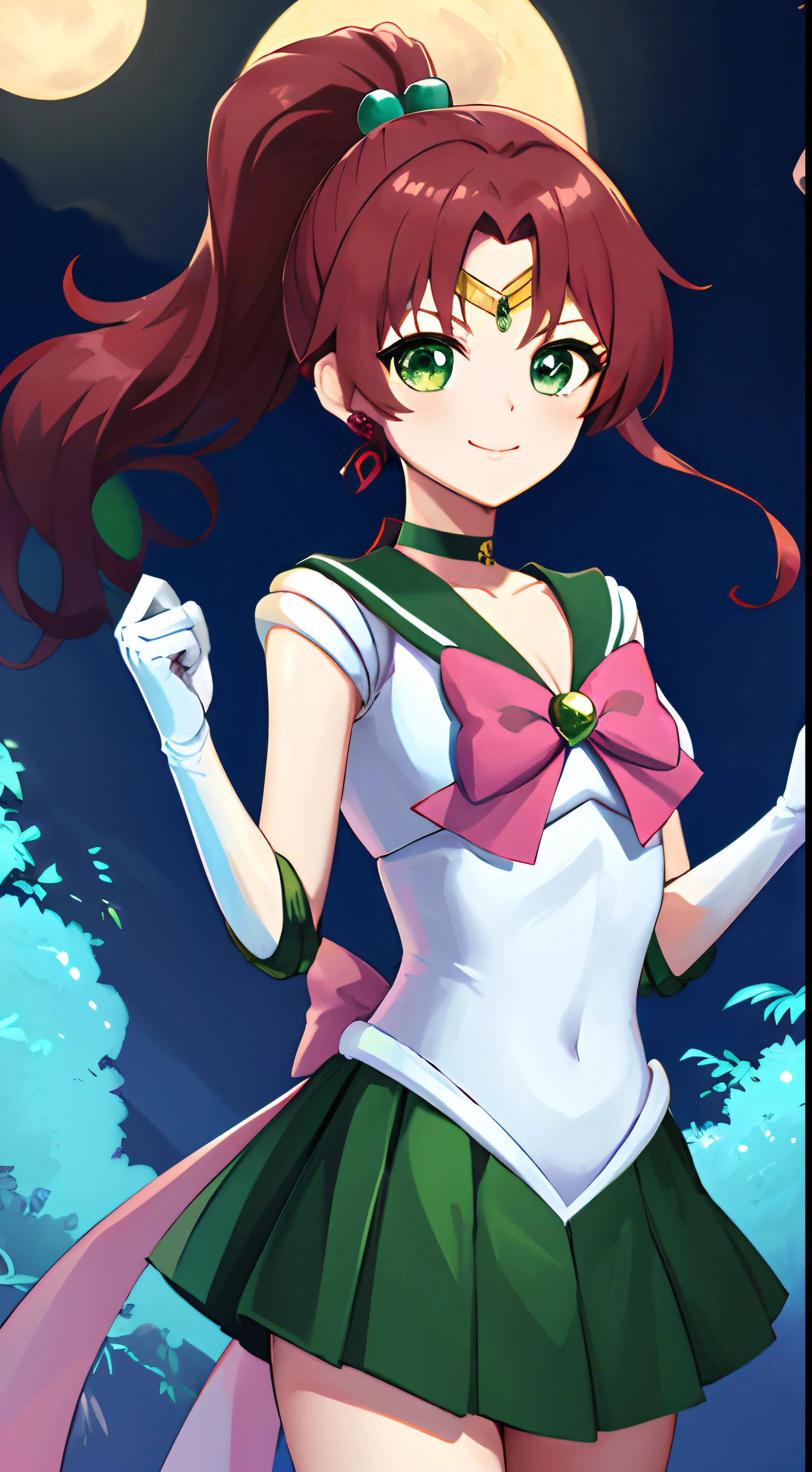 masutepiece, Best Quality, hight resolution, hmjupiter, Green eyes, Ponytail, tiarra, Jewelry, Sailor Senshi Uniform, green sailor collar, Choker, elbow groves, White Gloves, pink bows, brooches, Leotard, Green skirt, Cowboy Shot, Standing, Night, Jupiter、A smile