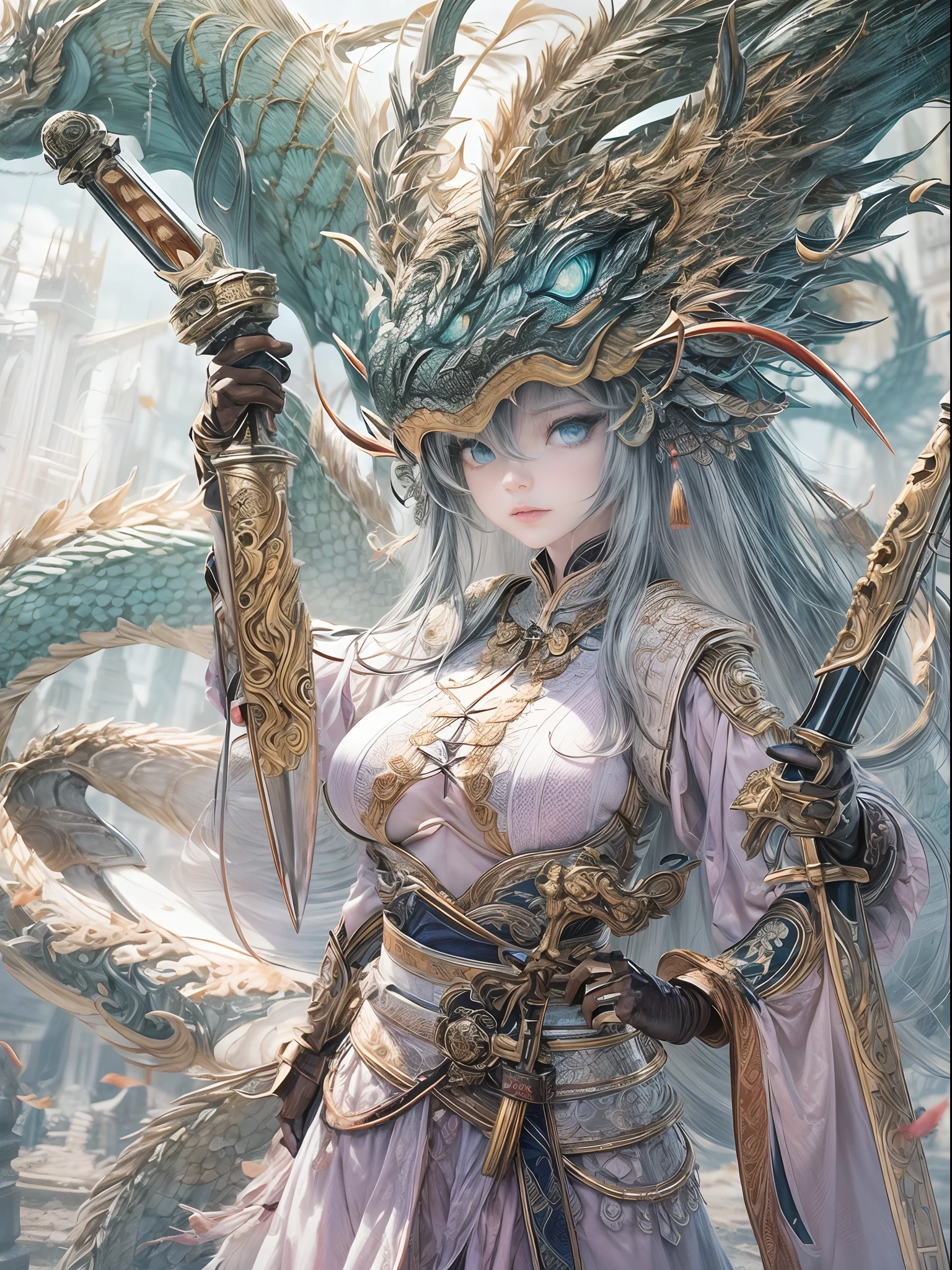 （fully body photo），1个Giant Breast Girl，Accurate and perfect Korean female face，anatomy correct，The body of the golden ratio，Delicate Chinese lace dress armor，Armed belts，Made of shiny white and silver translucent glass and titanium， angry look, Vibrant colors, battleground background,Ashes fall, fire glow，A delicate ancient Chinese helmet on the head:1.2，blue color eyes:1.2，(Long sword in hand，The tip of the sword is facing forward，Swing the sword and slash)，(Behind him stands a transparent Chinese dragon)，Bright sunlight，Oriental elements，Dreamy glow，（globalillumination，Ray traching，hdr，The rendering is not realistic，Rational design，high detal，(tmasterpiece)，best qualtiy，hyper HD，cinmatic lighting)