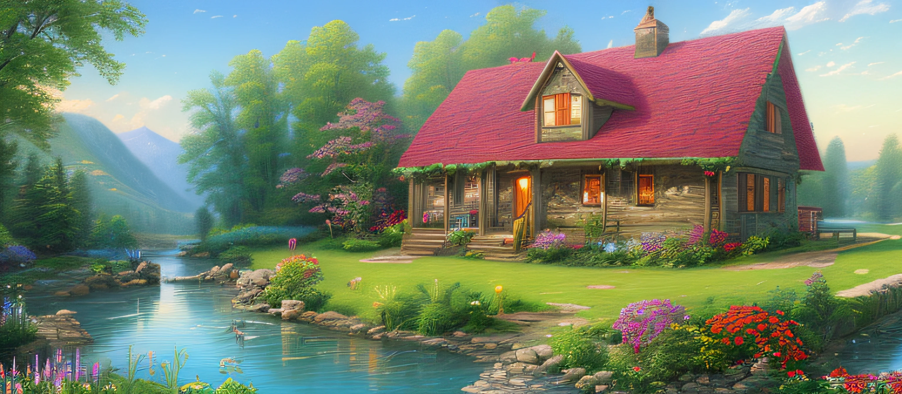 landscape, water, farm house, cooking smoke, boat in the water, flowers along fence, oat trees ,stream, color full (extremely detailed CG unity 8k wallpaper), most beautiful artwork in the world, professional majestic oil painting, intricate, High Detail, Sharp focus, dramatic, photorealistic painting art, style of Thomas Kinkade