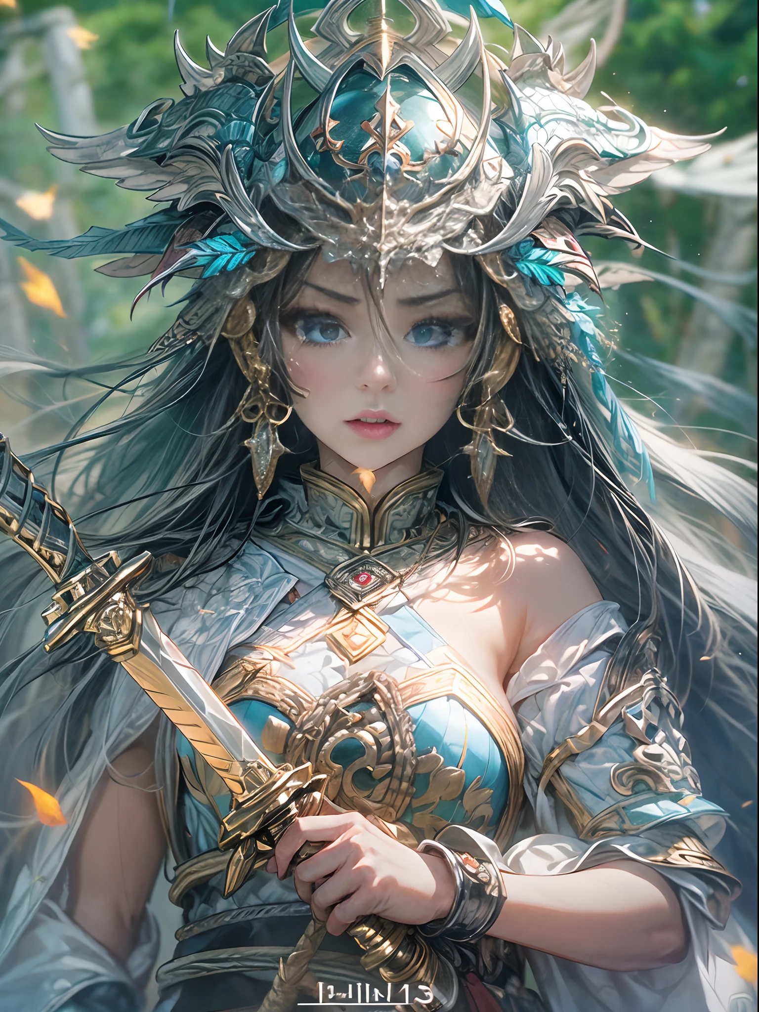 （fully body photo），1个Giant Breast Girl，Accurate and perfect Korean female face，anatomy correct，The body of the golden ratio，Delicate Chinese lace dress armor，Armed belts，Made of shiny white and silver translucent glass and titanium， angry look, Vibrant colors, battleground background,Ashes fall, fire glow，A delicate ancient Chinese helmet on the head:1.2，blue color eyes:1.2，(Long sword in hand，The tip of the sword is facing forward，Swing the sword and slash)，(Behind him stands a transparent Chinese dragon)，Bright sunlight，Oriental elements，Dreamy glow，（globalillumination，Ray traching，hdr，The rendering is not realistic，Rational design，high detal，(tmasterpiece)，best qualtiy，hyper HD，cinmatic lighting)