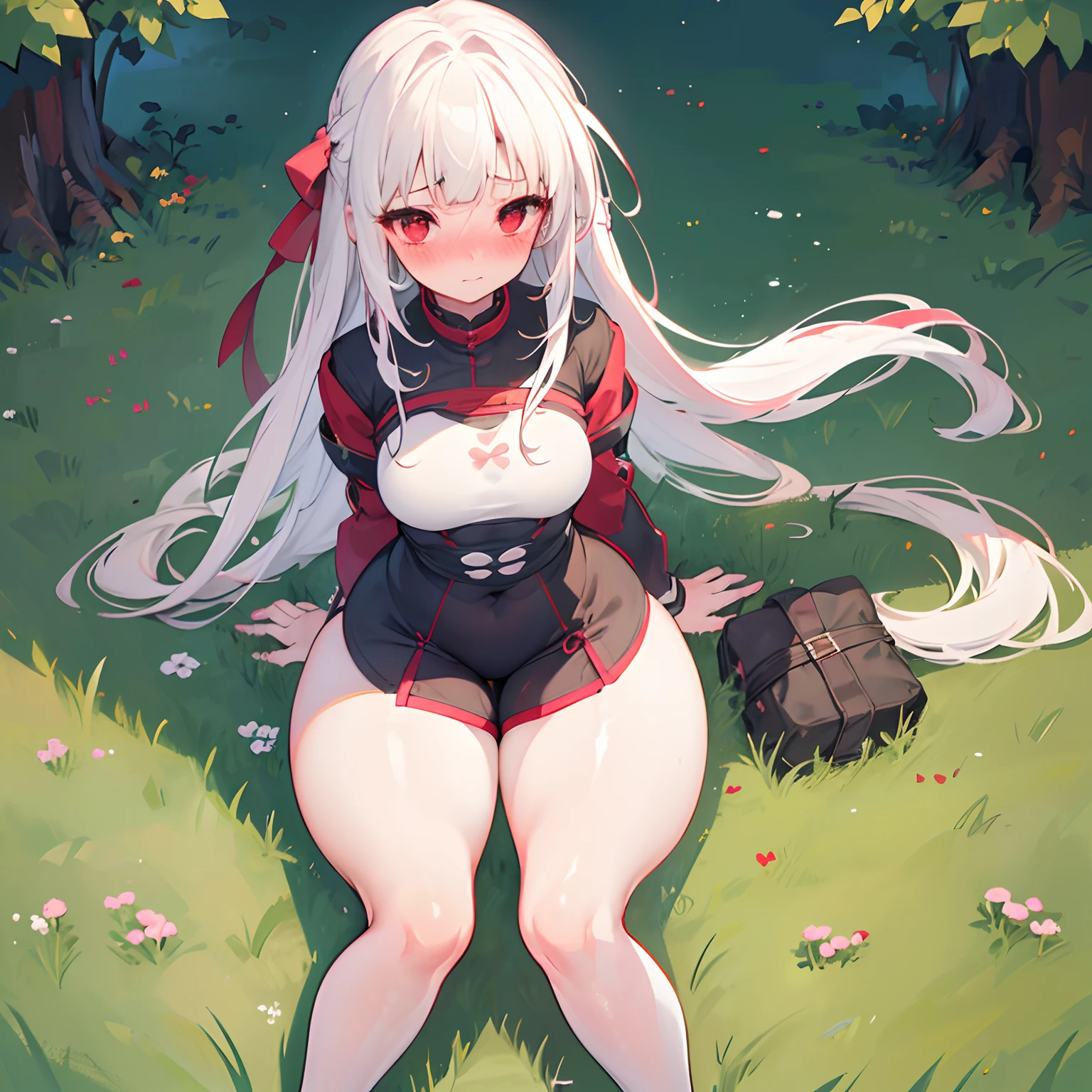 1girl, realistic, extremely detailed, petite, small, red eyes, looking at viewer,(long white hair),(satisfied expression:1.2), bending fowards, hands on knees,(panting),(blushing:1.6), on grass field,(tight clothes:1.3),(thick legs:1.7),(wide hips:1.2),