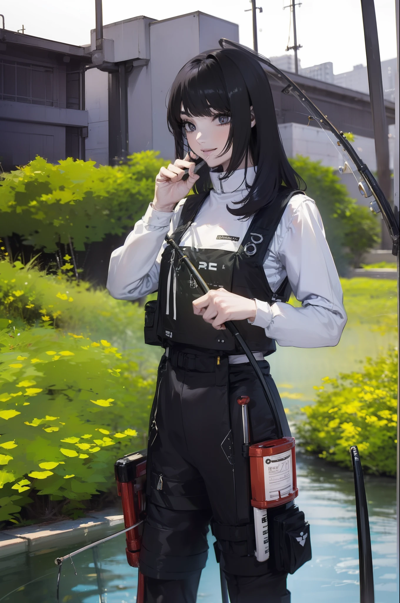 ((((Have a fishing rod with a reel:1.5)))),((Female 28 years old)),((Best Quality:1.5)),(((Fine fingers、Ratio 4 fingers and 1 thumb,detailed arms,detailed human hands))),(((Hands with the correct number and structure of fingers:1.4))),((Lakeside:1.37)),hight resolution,ultra-detailliert,masterpiece,best qualtiy,(Eight-headed body),(1 fishing rod,Holding a fishing rod in your hand,Fishing lure rod,Fishing Reels,Long Sleeve Outdoor Vest,Long pants for fishing,Big backpack),thin and long legs,Beautiful hip line,Beautiful spine,constricted back,Toned waist,beutiful breast),,Gentle smile,shiny lip,(1 fishing rod,Straight stretch fishing rod,Long fishing rod,Woman fishing with fishing rod in hand),Black hair, long eyeslashes, Solid Circle Eyes, drop shadow, Atmospheric perspective,Super Detail, ccurate, small brest,top-quality, blurry backround, bokeh dof:1.2, (masterpiece:1.3), Atmospheric perspective,Super Detail,dynamic compositions, Ultra High Quality,