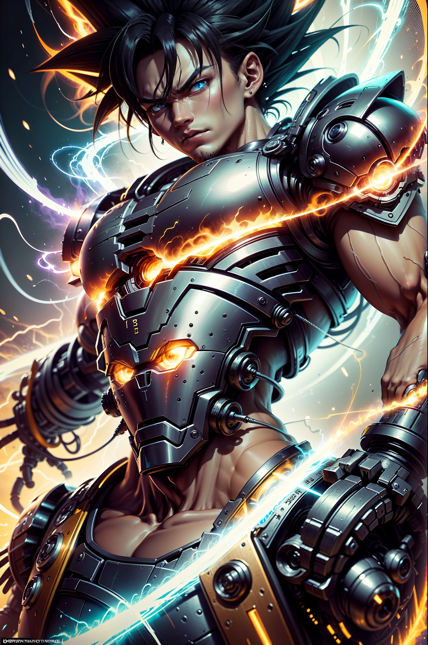 (high quality:1.2,ultra-detailed,realistic:1.37),Shirtless Saiyan Goku with Ultra Instinct, wearing a sleek and futuristic robot suit, surrounded by a vibrant explosion of vivid colors, emanating power and energy. The intricate details of Goku's muscular physique, including defined abs and bulging biceps, are emphasized through dynamic lighting and shadows. His intense gaze, with sharp and piercing blue eyes, radiates determination and strength. The robot suit, made of shining metallic materials, is adorned with intricate circuits and mechanical parts, showcasing advanced technology. The colors in the background range from deep blues to vibrant purples and fiery oranges, symbolizing the unleashed power of Goku. The lighting, with a combination of natural sunlight and artificial spotlights, accentuates Goku's aura, casting dramatic highlights and shadows across his body. The overall composition exudes a sense of power, speed, and otherworldly energy, capturing the essence of Goku's Saiyan nature and his mastery of the Ultra Instinct form. Rest assured, this masterpiece will deliver an awe-inspiring and breathtaking portrayal of Saiyan Goku in his most powerful state. --auto --s2