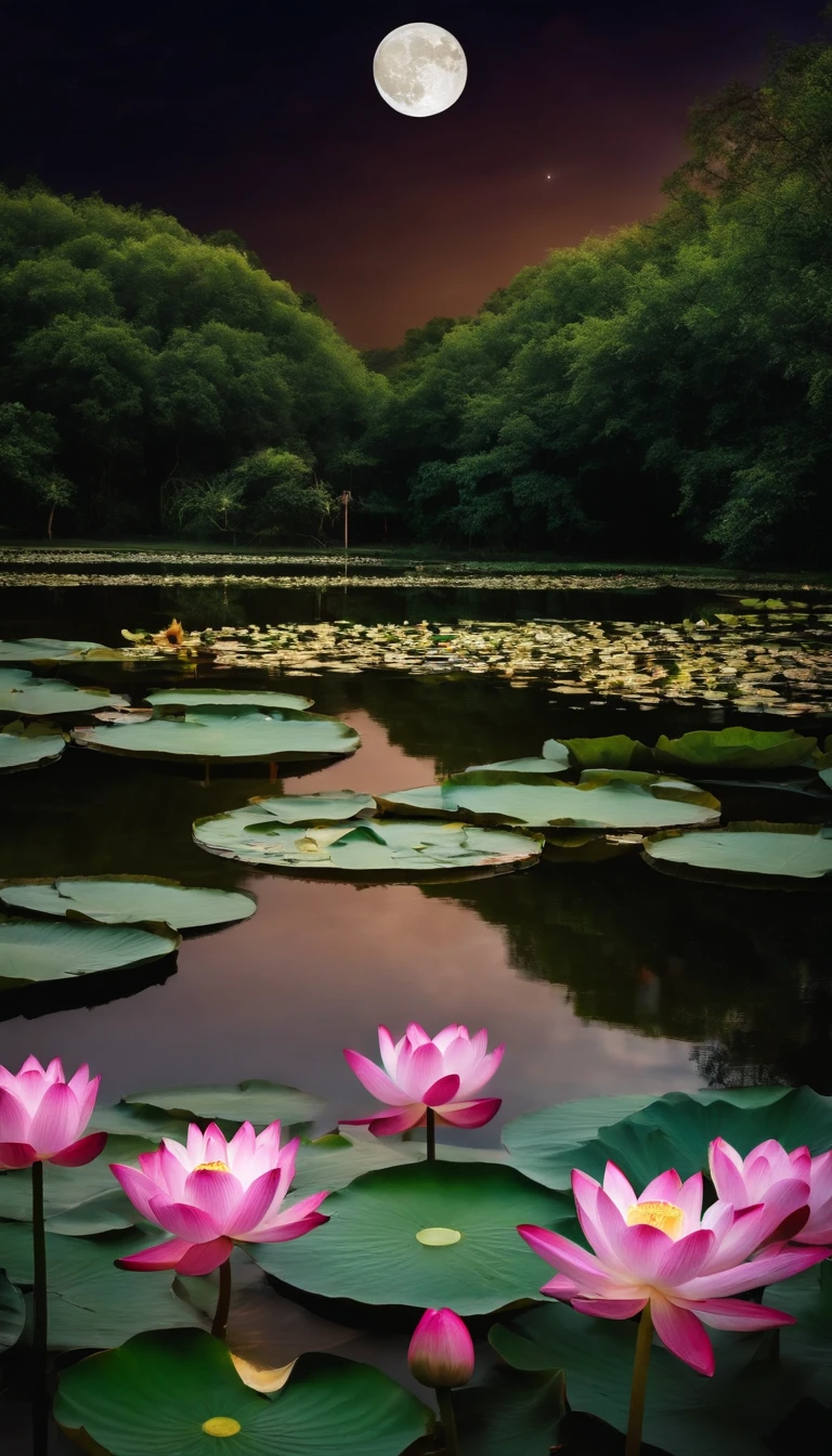 (tmasterpiece,Authentic photography,Concise composition:1.5),the night,Lotus pond moonlight,White full moon,Beautiful artistic conception