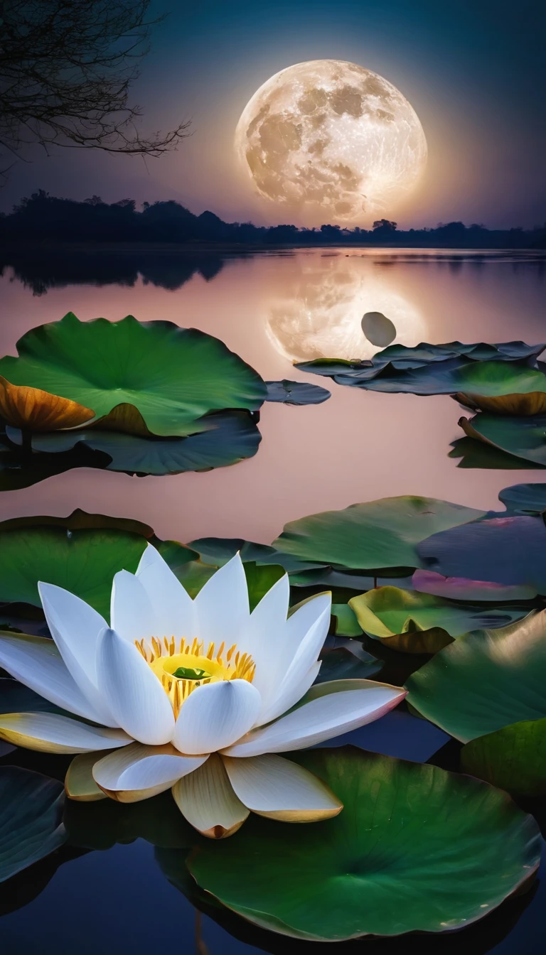 (tmasterpiece,Authentic photography,Concise composition:1.5),the night,Lotus pond moonlight,White full moon,Beautiful artistic conception