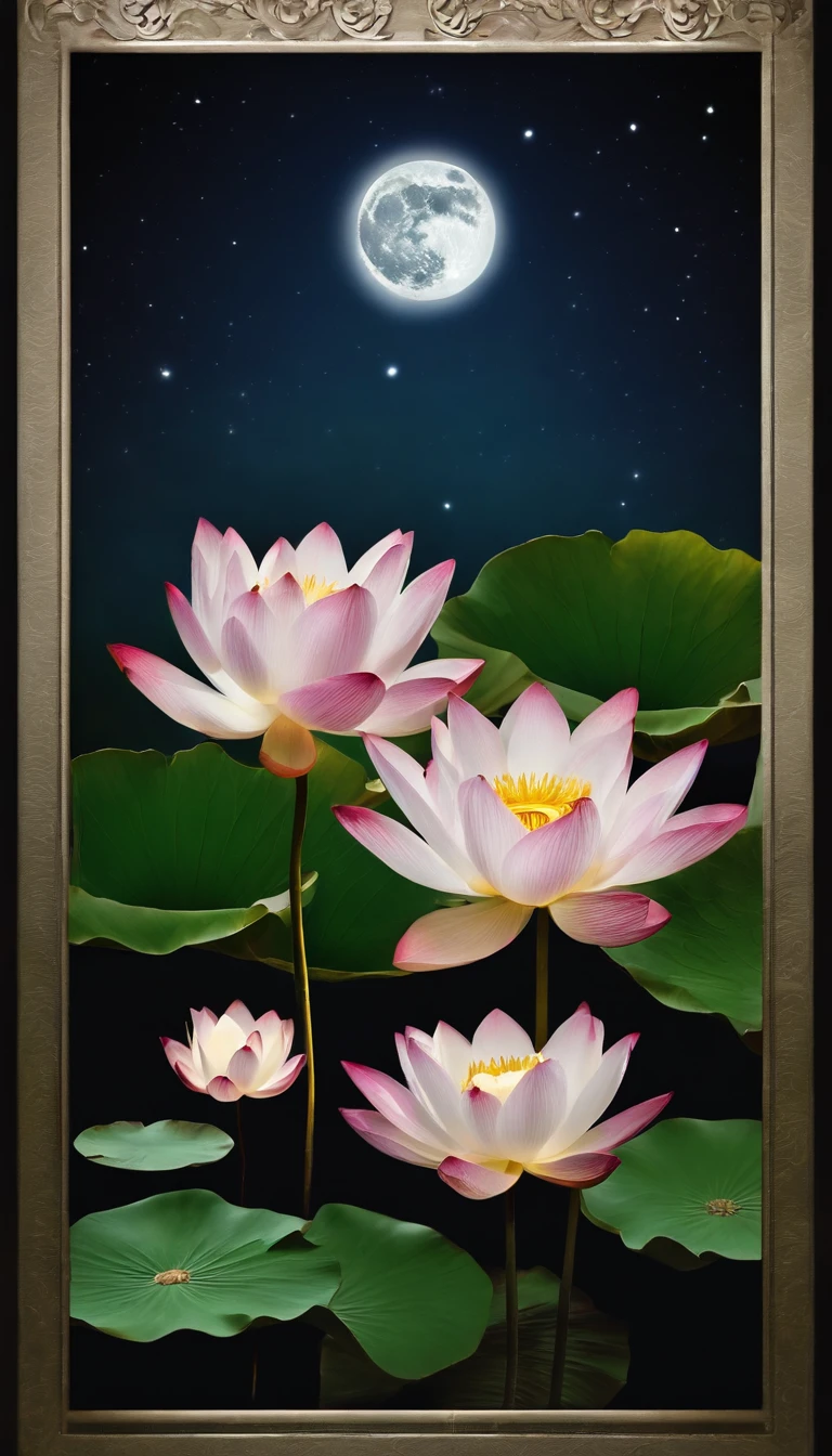 (tmasterpiece,Authentic photography,Concise composition:1.5),the night,Lotus pond moonlight,White full moon,Beautiful artistic conception
