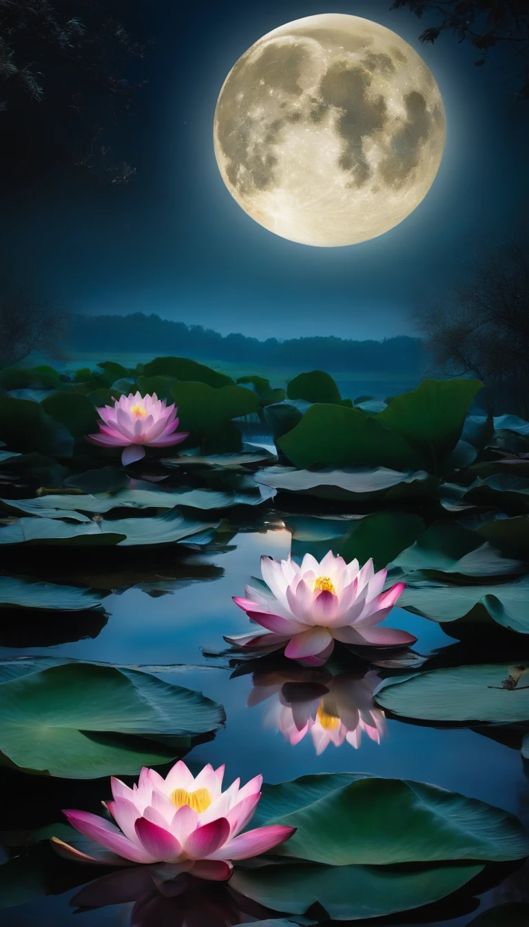 (tmasterpiece,Authentic photography,Concise composition:1.5),the night,Lotus pond moonlight,White full moon,Beautiful artistic conception