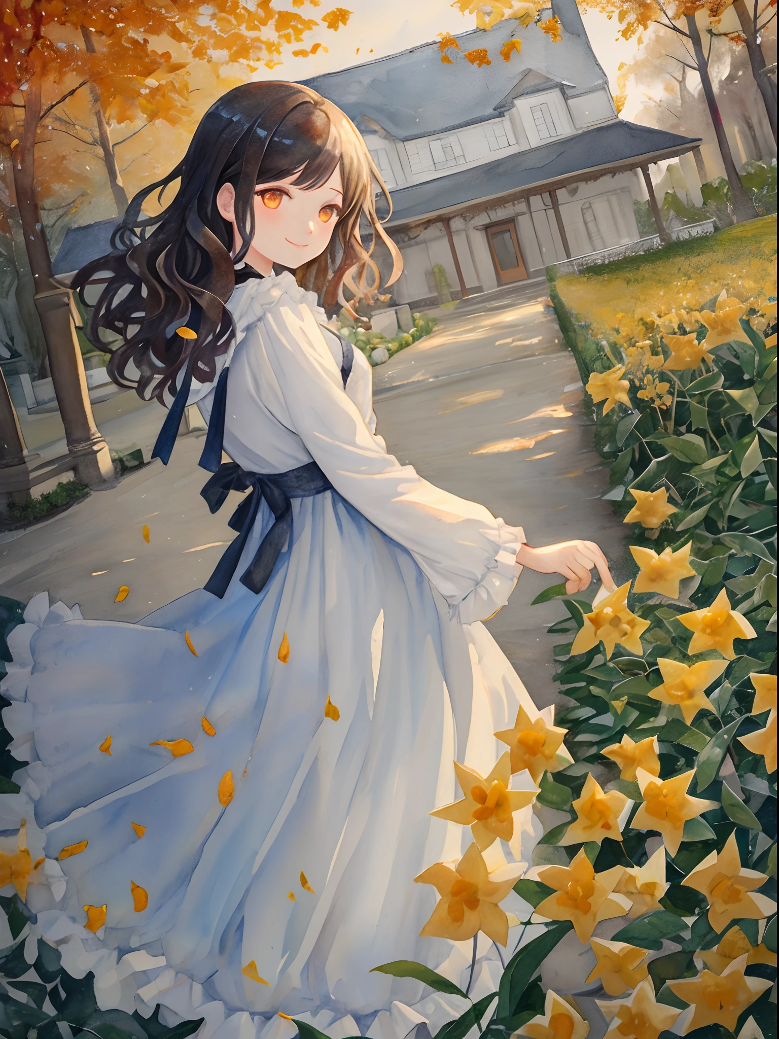 (masterpiece, best quality, beautiful illustration), 1girl, solo, brown wavy hair, braided, orange eyes, (looking back), (Osmanthus fragrans:1.2), fluttering petals, outdoor, [autumn, ginkgo leaves], town, long skirt, white frills, black ribbon, [smile], dutch angle, (watercolor)