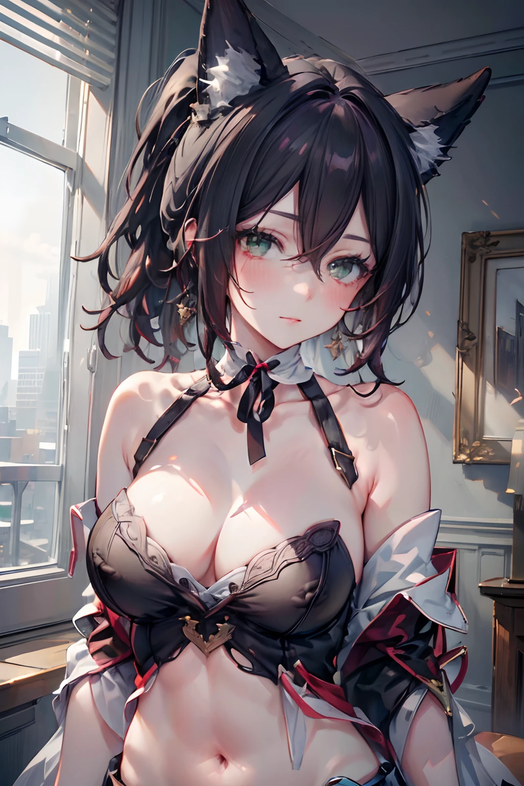 (((Masterpiece))), (portrait), diffused light, dynamic shadows, sharp focus, realistic, detailed, highres, absurdres, anatomically correct, seductive face, white background, torn clothes, looking to the side, black choker, belly button, medium breast