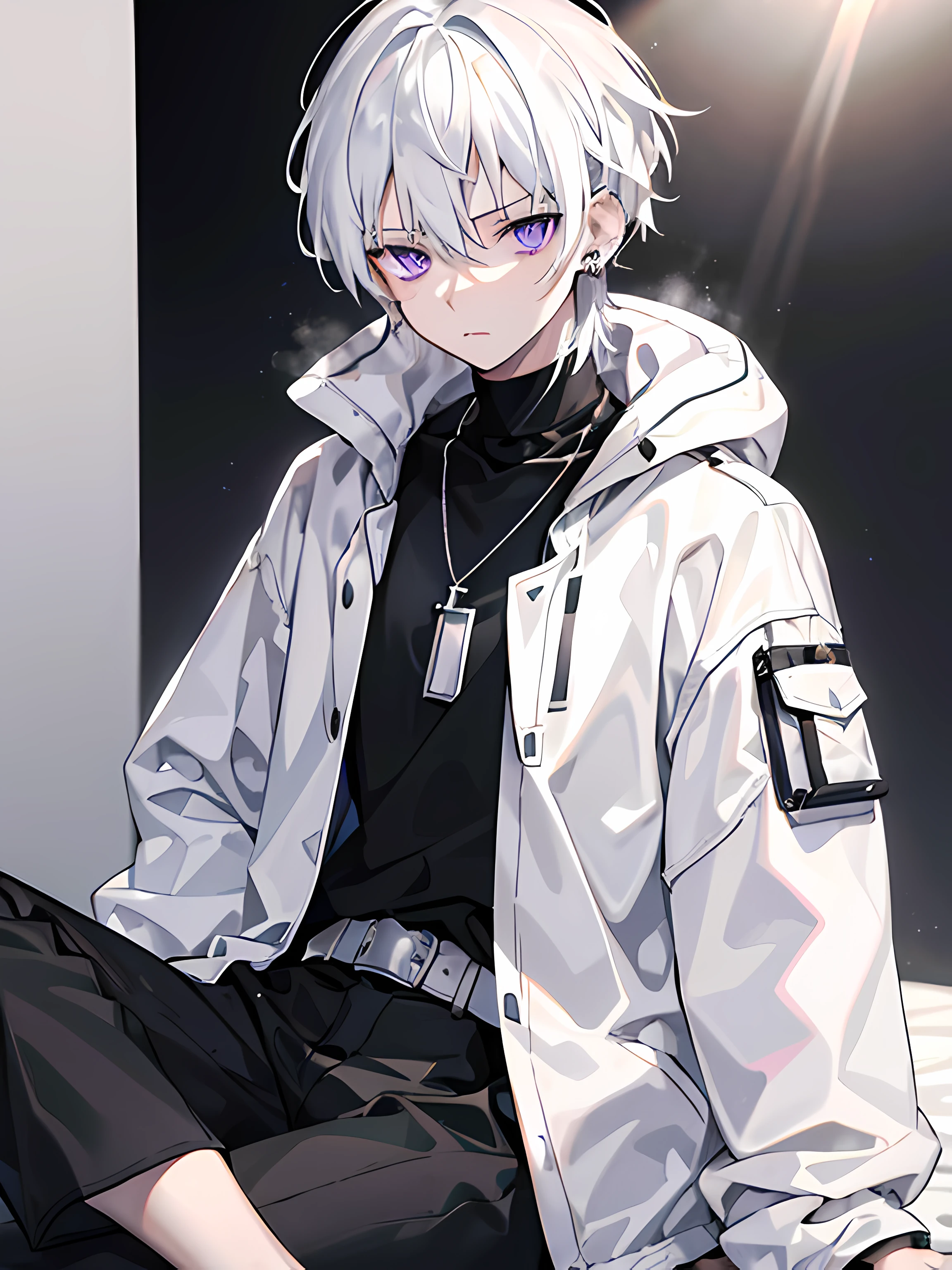 1 boy, medium white hair, dark purple eyes, lazy face, ear piercing, wearing white jacket oversize, music pattern on jacket, wearing black t-shirt, wearing black skinny cargo pants, steel necklace, dark room with light in middle, spotlight, small light, sit, absurdres, high res, ultrasharp, 8K, masterpiece