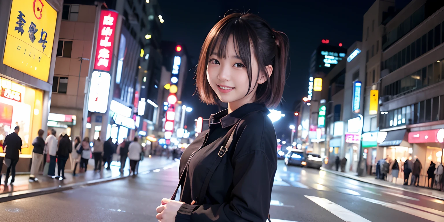 女の子1人、Tokyo Street、natta、A city scape、city light、The upper part of the body、a closeup、Happy smiling face、、(32k、RAW Photography、top-quality、masterpiece:1.2)、(realisitic、photoRealstic:1.37)、