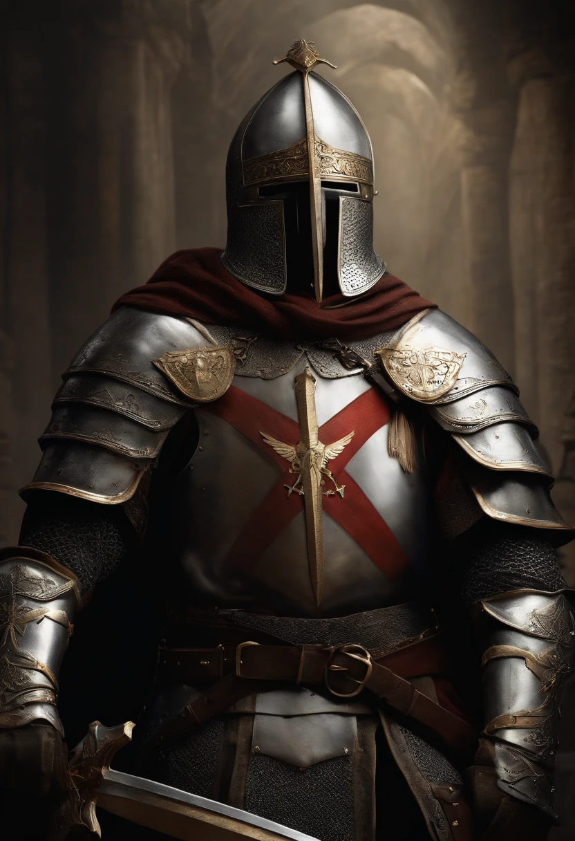 Knights Templar in armor crouching with swords and shields、((top-quality))、((masterpiece))、(ighly detailed、highestdetailed、Official Art、Beautifully Aesthetic:1.2)