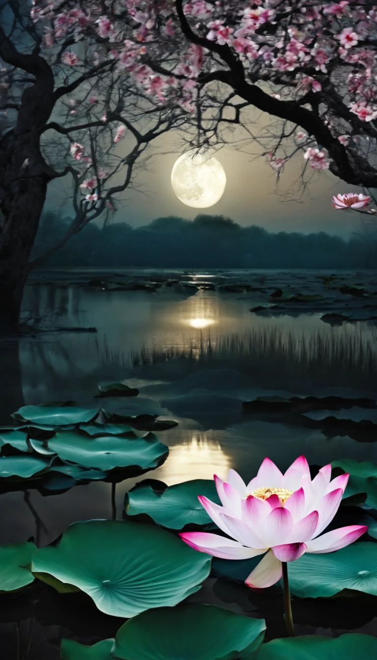 (tmasterpiece,Authentic photography,Concise composition:1.5),the night,Lotus pond moonlight,White full moon,Beautiful artistic conception