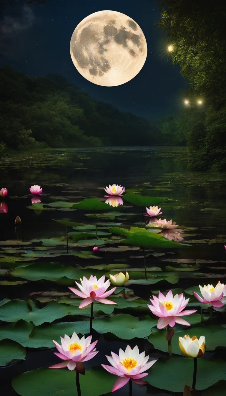 (tmasterpiece,Authentic photography,Concise composition:1.5),the night,Lotus pond moonlight,White full moon,Beautiful artistic conception