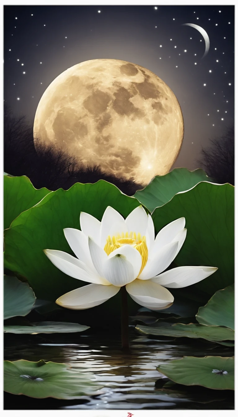 (tmasterpiece,Authentic photography,Concise composition:1.5),the night,Lotus pond moonlight,White full moon,Beautiful artistic conception