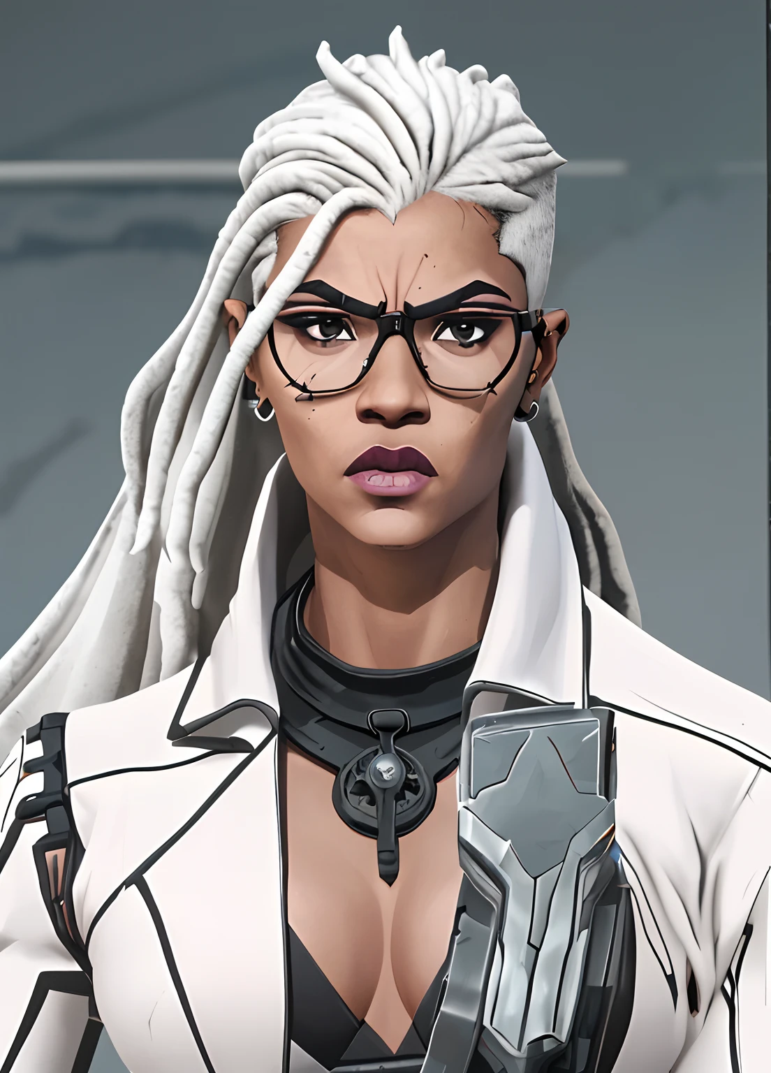 linda mulher negra, eyeglass, furiosa, cientista cabelo branco, vestindo um jaleco, Villain, inspirada na atriz Zendaya