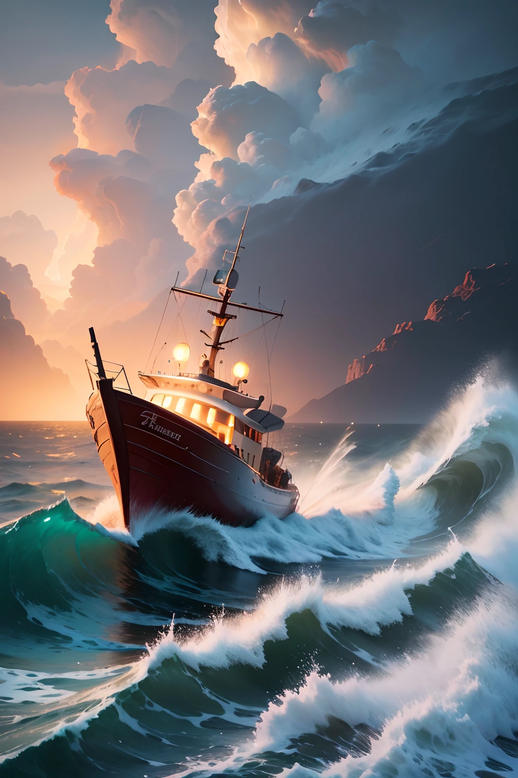 fisher boat, blond tripulants, storm, wide shout of thunders in the back, high waves, dangerous, death, 4k 8k ((2048X1536))