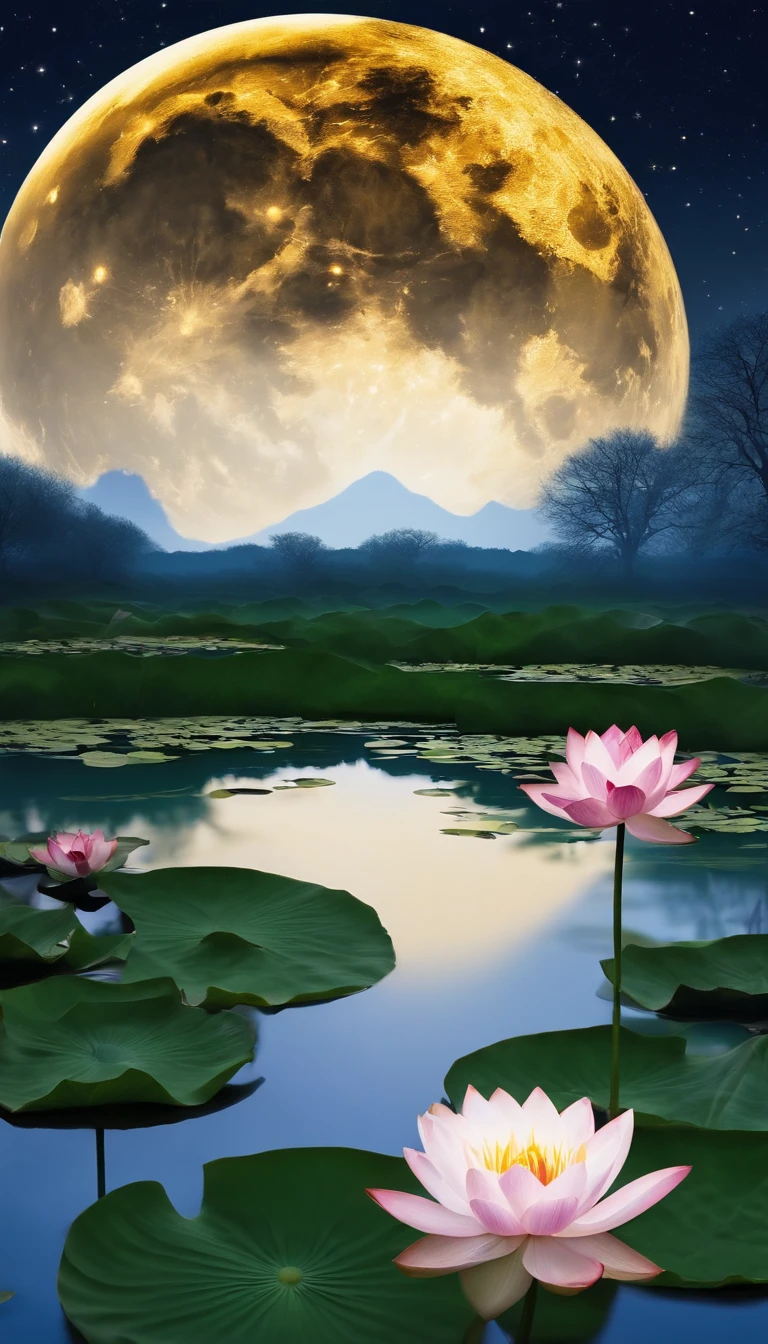 (tmasterpiece,Authentic photography,Concise composition:1.5),the night,Lotus pond moonlight,White full moon,Beautiful artistic conception