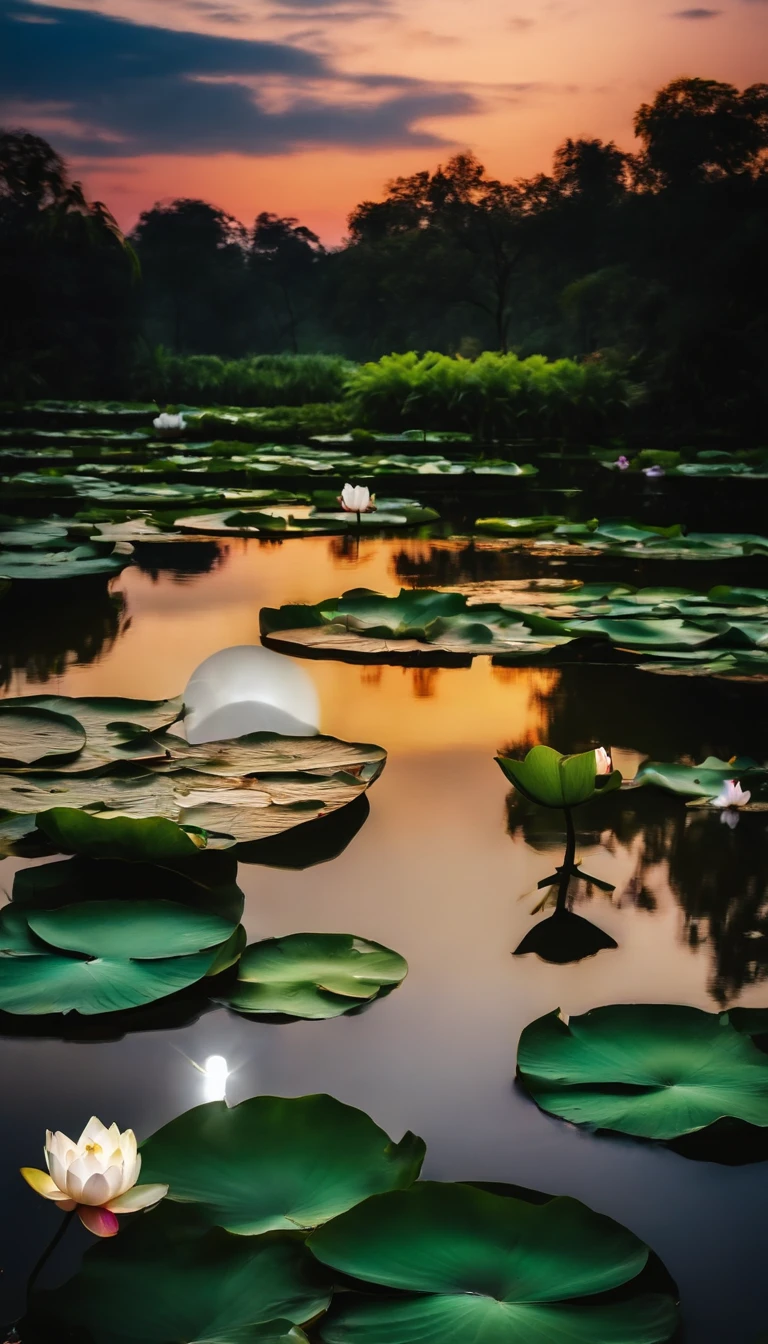(tmasterpiece,Authentic photography,Concise composition:1.5),the night,Lotus pond moonlight,White full moon,Beautiful artistic conception