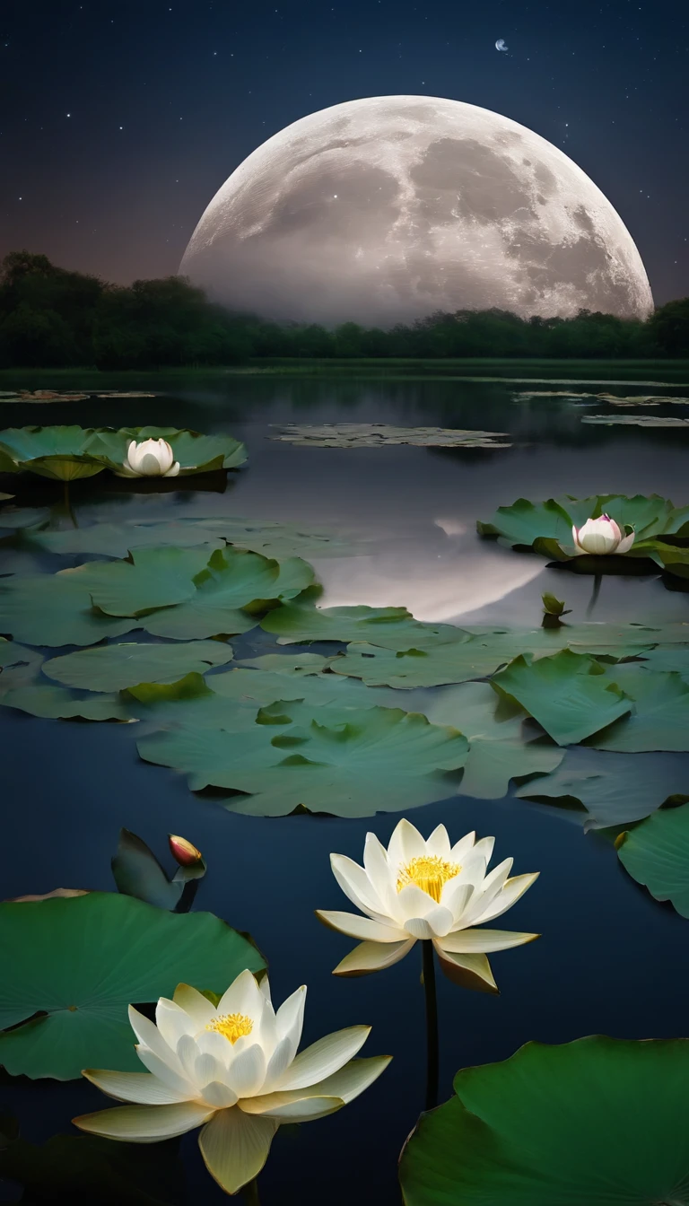 (tmasterpiece,Authentic photography,Concise composition:1.5),the night,Lotus pond moonlight,White full moon,Beautiful artistic conception