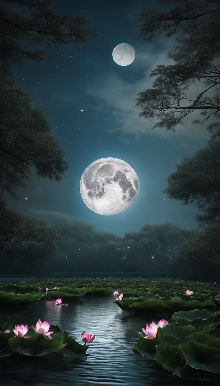 (tmasterpiece,Authentic photography,Concise composition:1.5),the night,Lotus pond moonlight,White full moon,Beautiful artistic conception