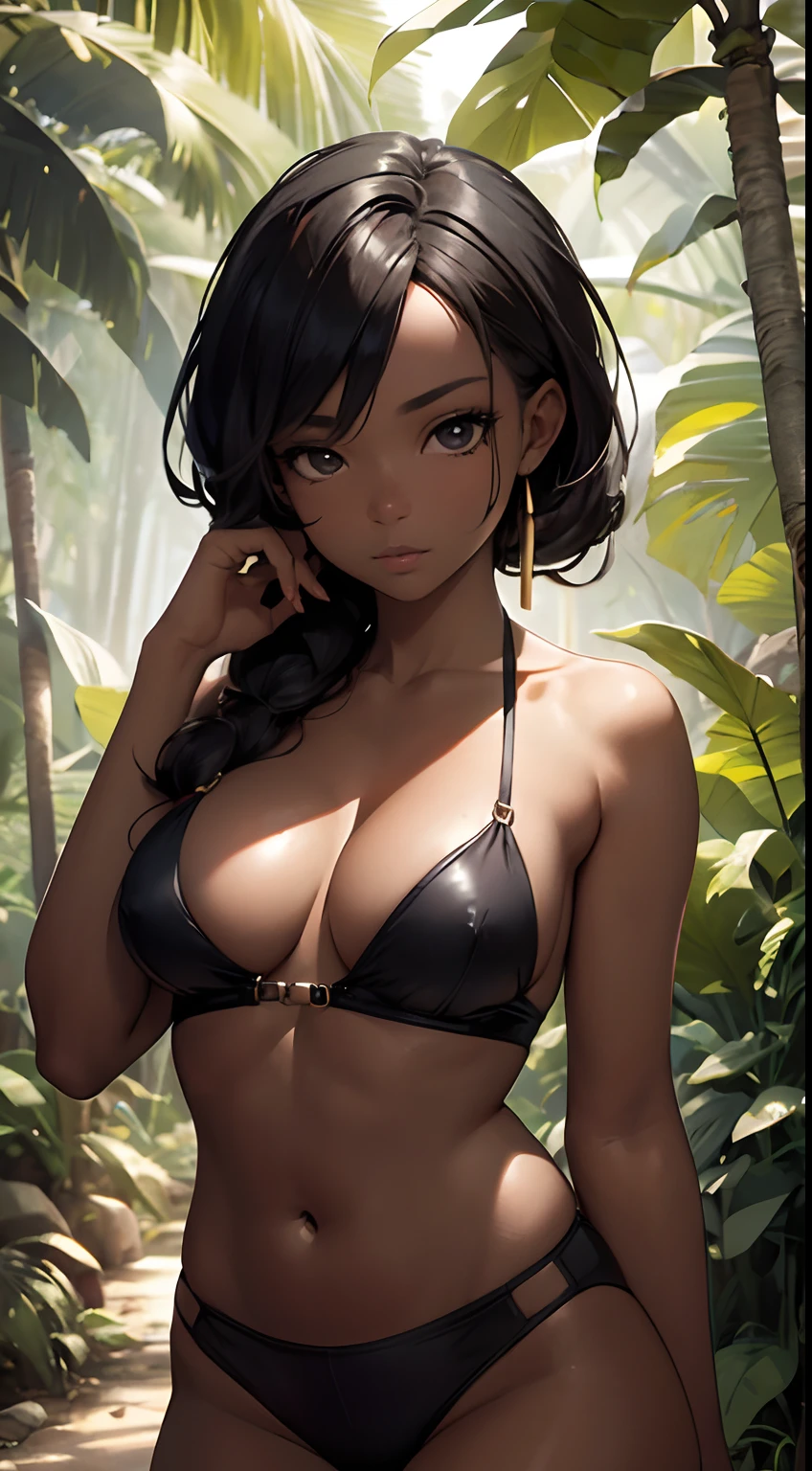 Busty (African girl, black skin, black eyes:1.1), Half naked, jungle clothes, Masterpiece, 4k, HDR, high detail