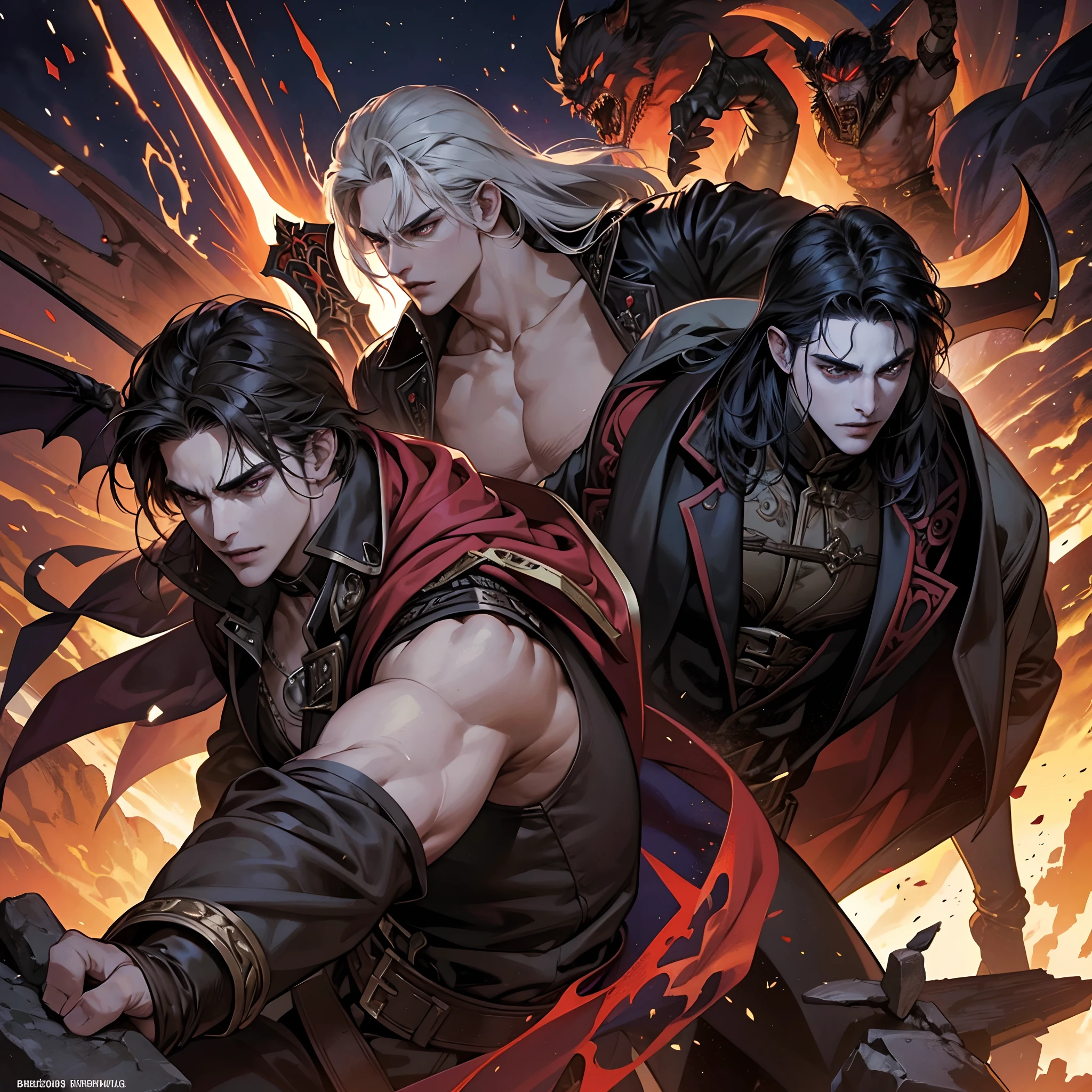 Castlevania Shadow Lord handsome muscular Lord Dracula leading troops armed with demons to war hyper realistic super detailed dynamic pose super detailed faces hyper realistic super detailed Marvel comics style super detailed faces super detailed body Moroccan Arabic version