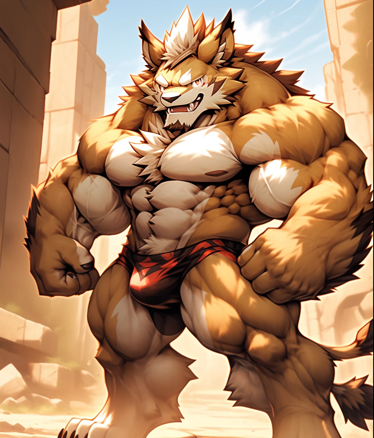 nj5furry, (((BACK))), (((BACK))), (((BACK:1.2))), (((BACK))), (Leomon, massive, huge, young face, teen, bodybuilders body), Leomon, ((extremely realistic shadows, masterpiece, extremely detailed, photorealistic)), kemono, young, , ((16 yfirm back, massive back, round butt, firm and shapely buttocks, back, broad shoulders, standing on your back, firm buttocks, round buttocks, shapely buttocks, massive and very muscular back, (((BROWN FUR))) Leomon, ((detailed face)) red nose, red eyes, ((detailed eyes)), smile, mischievous smile, mischievous expression, white teeth, mouth slightly open, red tongue, brown skin, brown fur, brown hair, sexy, height 3 meters high, the optimal height, tight clothing, body full of muscles; muscle bulge pecs, bulge in the crotch, massive ripped abs, V-shaped body, thick waist, long legs, strong arms manly, handsome face, attractive cool calm face type with a cold smile, bodybuilder body, topless. Ruins of a Jedi temple behind him; bulge in the crotch, wears a tiny tight thong that reveals huge, muscular thighs, bulge biceps, looking at viewer.