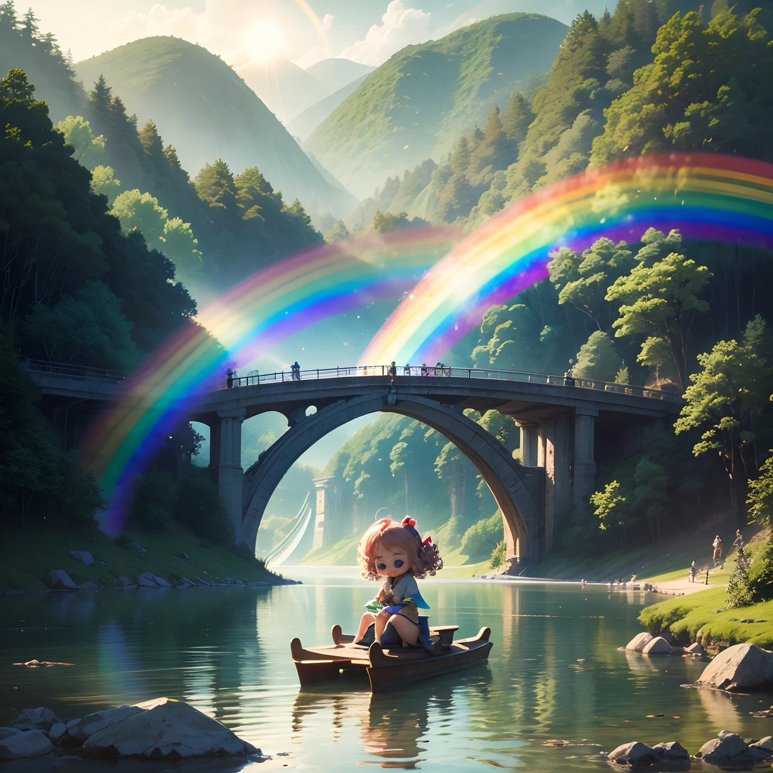 ​masterpiece、top-quality、ultra-detailliert、Fairy Daughter、(Chibi Chara:1.1)、wraith、Curly hair、Open your mouth and smile、lake in the middle of a forest、(Sit on the rainbow bridge:1.2)、Rainbow Light、the morning sun、rainbows