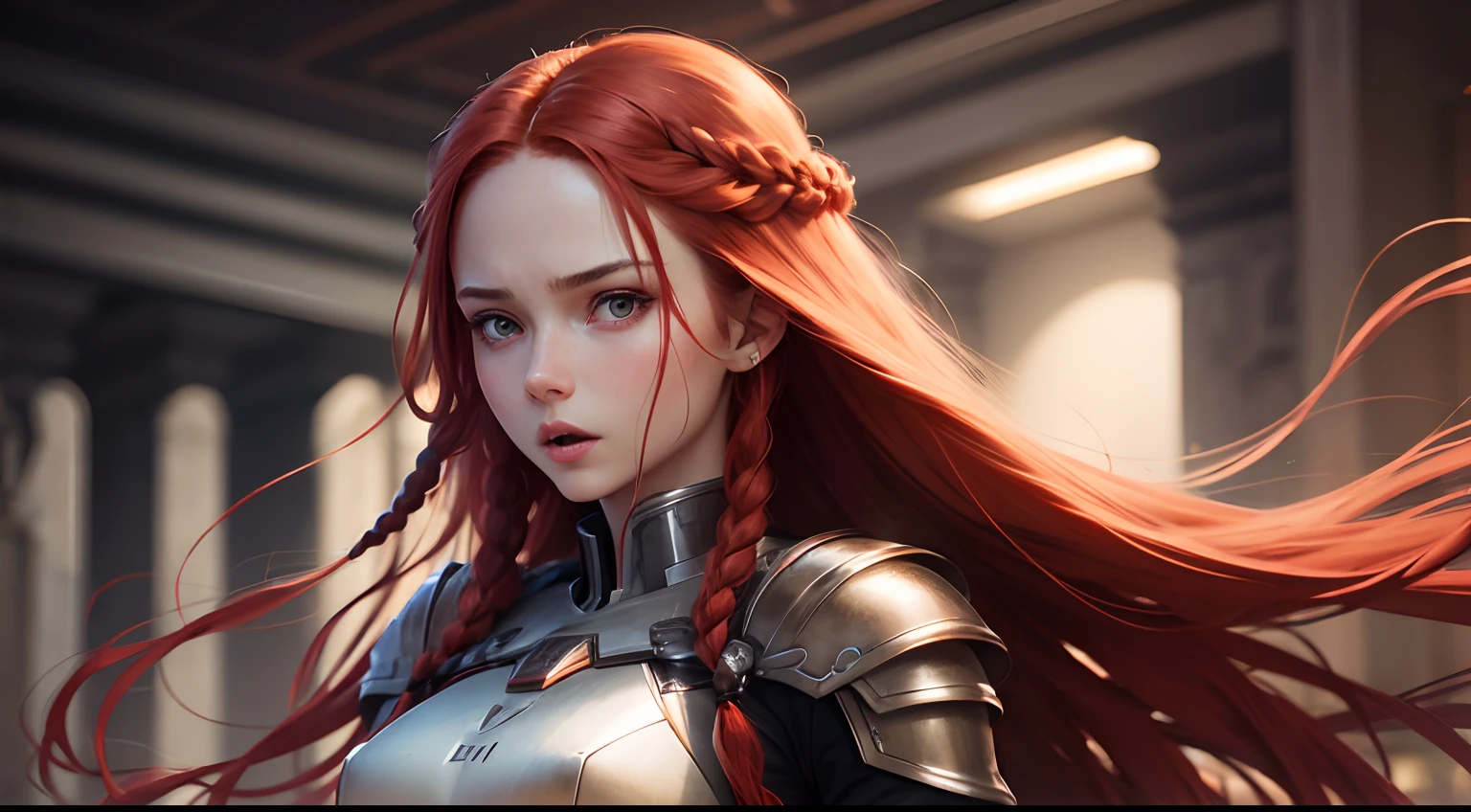 hips, small breasts, expression cold storage, delicate facial features, long red hair, braids, plain dark background, European face, science fiction armor, opened mouth