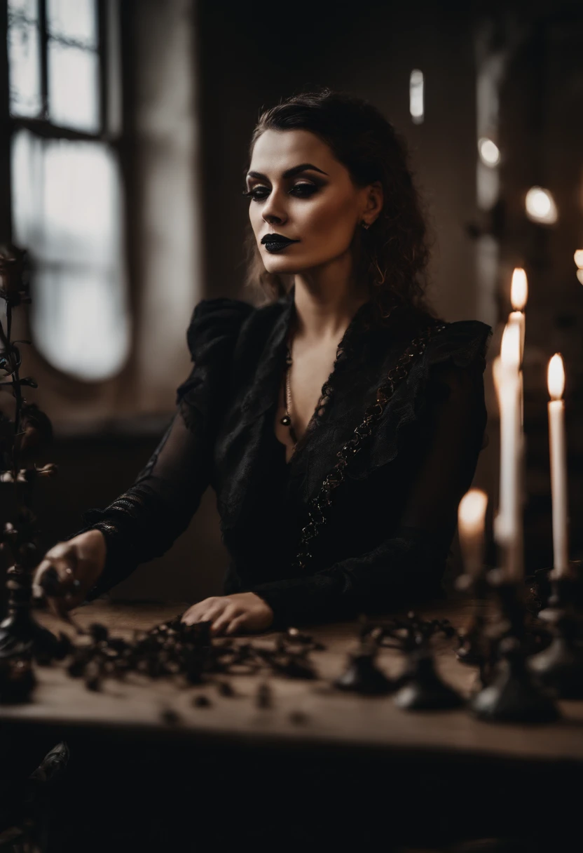Portrait of a Gothic fashion designer,em seu estudio ,foto selfie,Instagram Polaoid