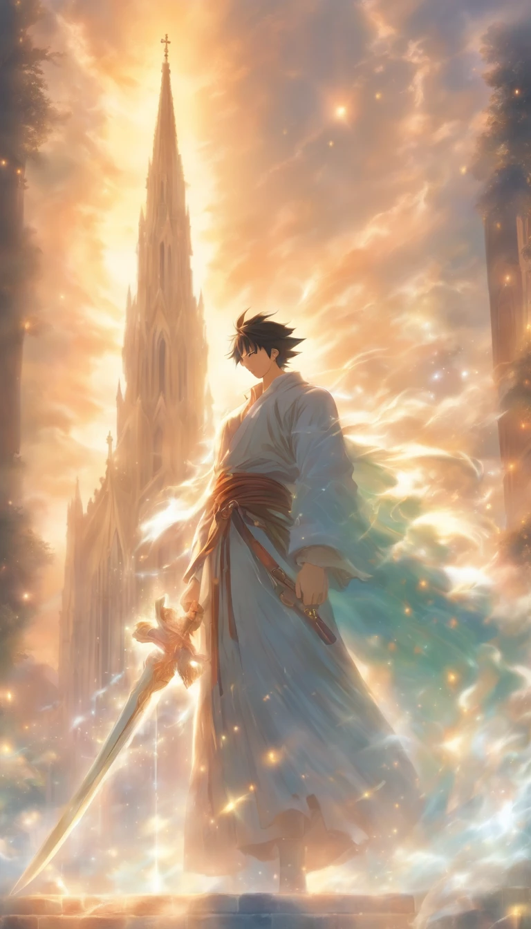 /imagine prompt: A young and dignified man standing in a mist, with a huge and magnificent church behind him, holding a shining sword of divine light, guarding the entrance to the path.,32k, best quality, masterpiece, super detail, high details, by Makoto Shinkai ,in the style of the stars art group xing xing, --niji 5"