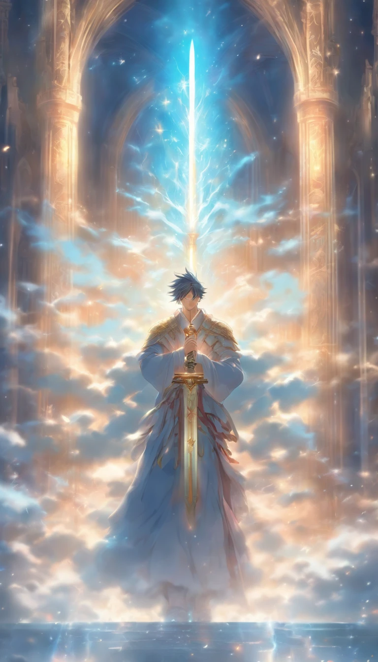 /imagine prompt: A young and dignified man standing in a mist, with a huge and magnificent church behind him, holding a shining sword of divine light, guarding the entrance to the path.,32k, best quality, masterpiece, super detail, high details, by Makoto Shinkai ,in the style of the stars art group xing xing, --niji 5"