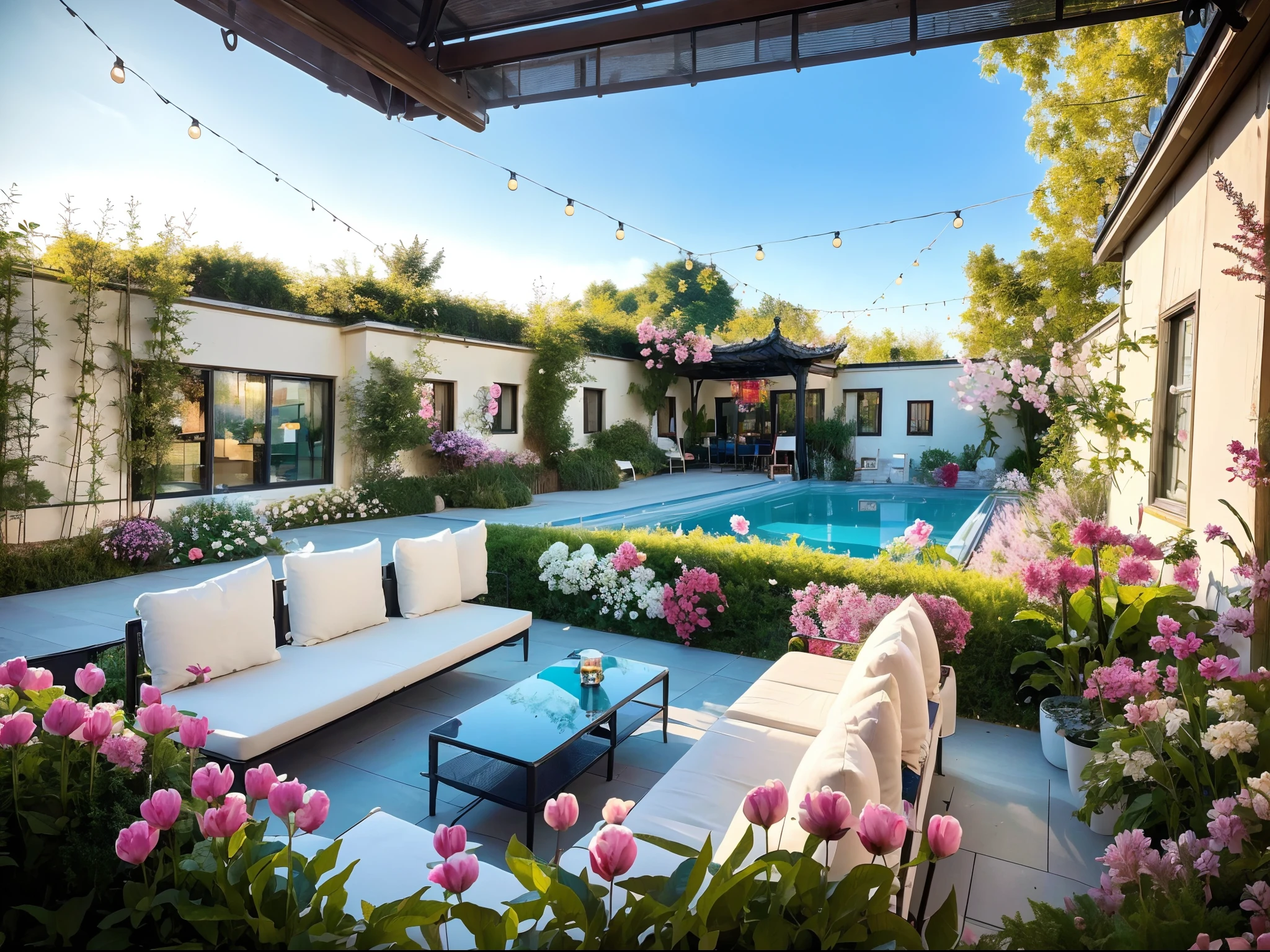 ,masterpiece, best quality,8k, ultra highres,As you walk into this fantastic courtyard,It's like being in a fairytale world。flowers blooming,The brilliant and colorful flowers give off a charming fragrance,A crystal clear stream flows around the elegant and flowing ferry bridge。Blue sky and white clouds set against the transparent pool,Shining like a diamond in the sun。Well designed relaxation area,Large and comfortable lounge chair,Equipped with wireless sound and remote lighting,So that you can enjoy great music and romantic evenings to the fullest。Over here,You can swim in nature,Relax and unwind,Experience a different kind of fantasy journey。